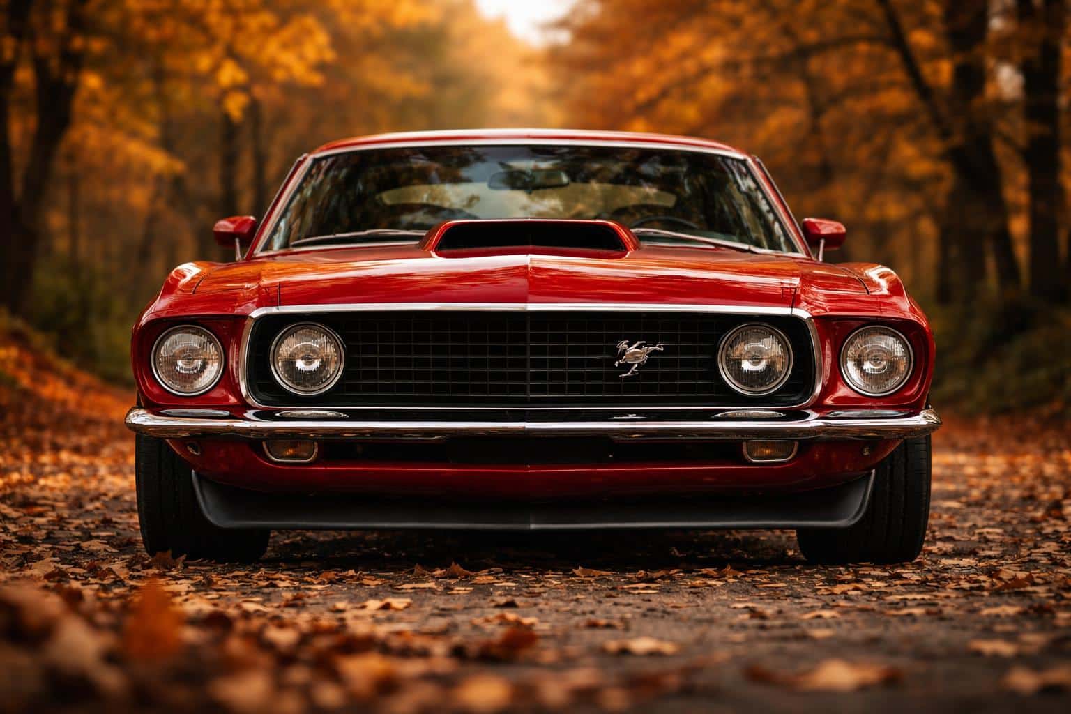 Cherry red 1969 Ford Mustang Boss 429 photographed as a low-angle automotive portrait with autumnal light and shallow depth for a poster-cover composition in 3:2 ratio.