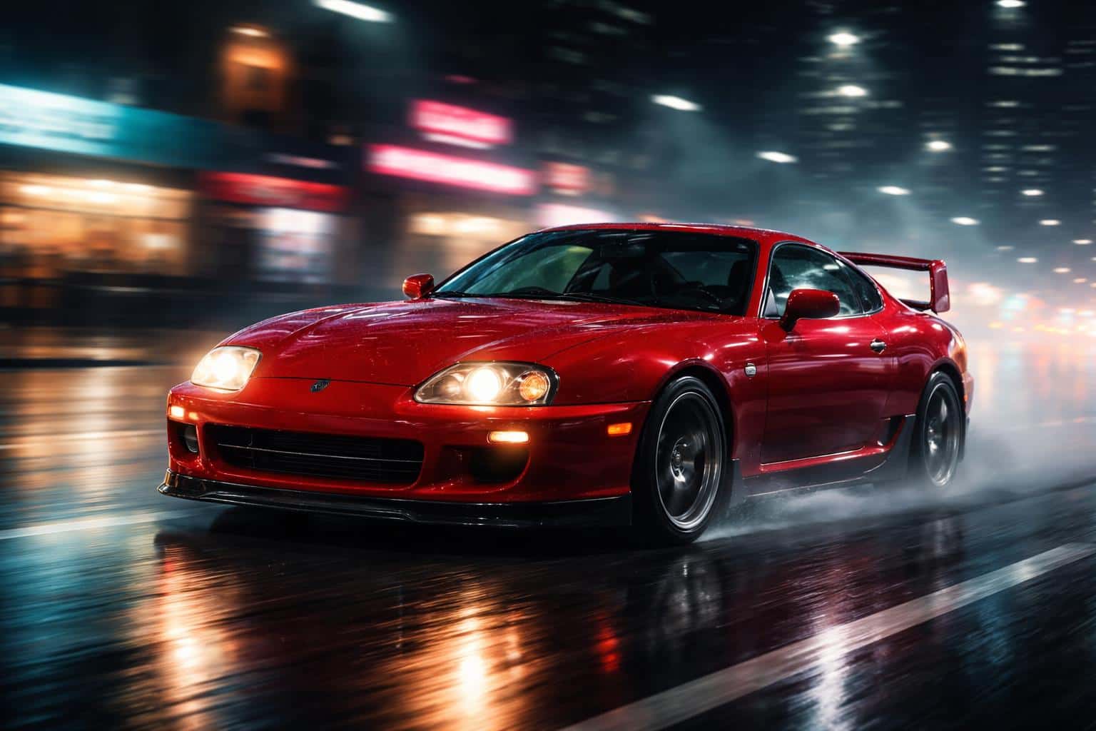 Cinematic 3:2 night editorial of a glossy red 1994 Toyota Supra MK4 panning past the camera on a rain-slick city street, neon streaks and misted reflections.
