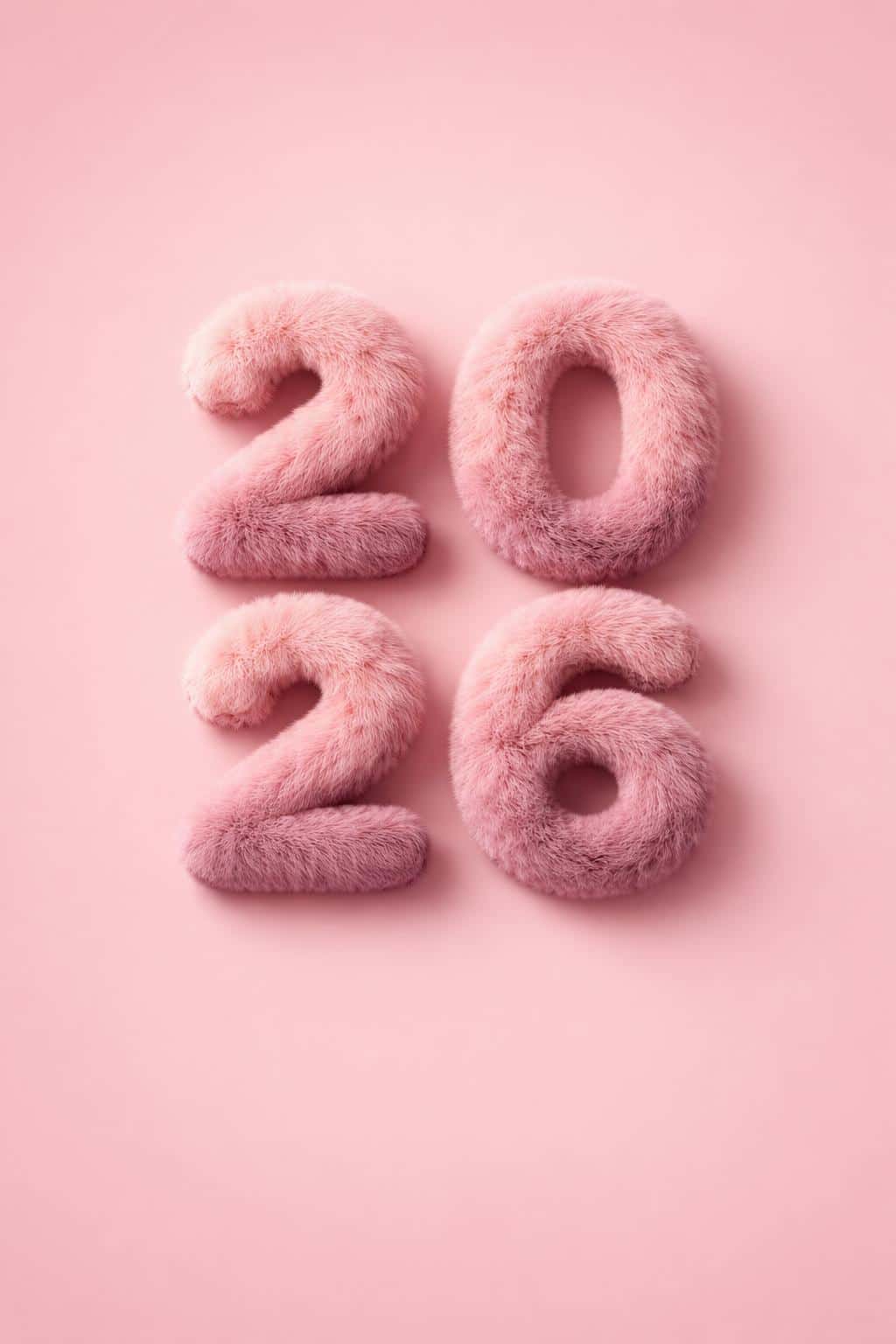Four large pink furry digits forming 2026 centered on a matching pink background with soft 3D fur texture and minimal design aesthetic.