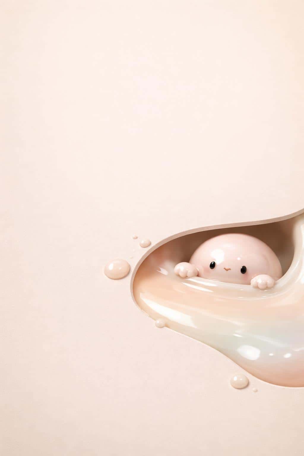 A 3D blob mascot in a rounded lower-third cutout holds back glossy pastel paint pooling against a matte soft-beige gradient background with roomy negative space.