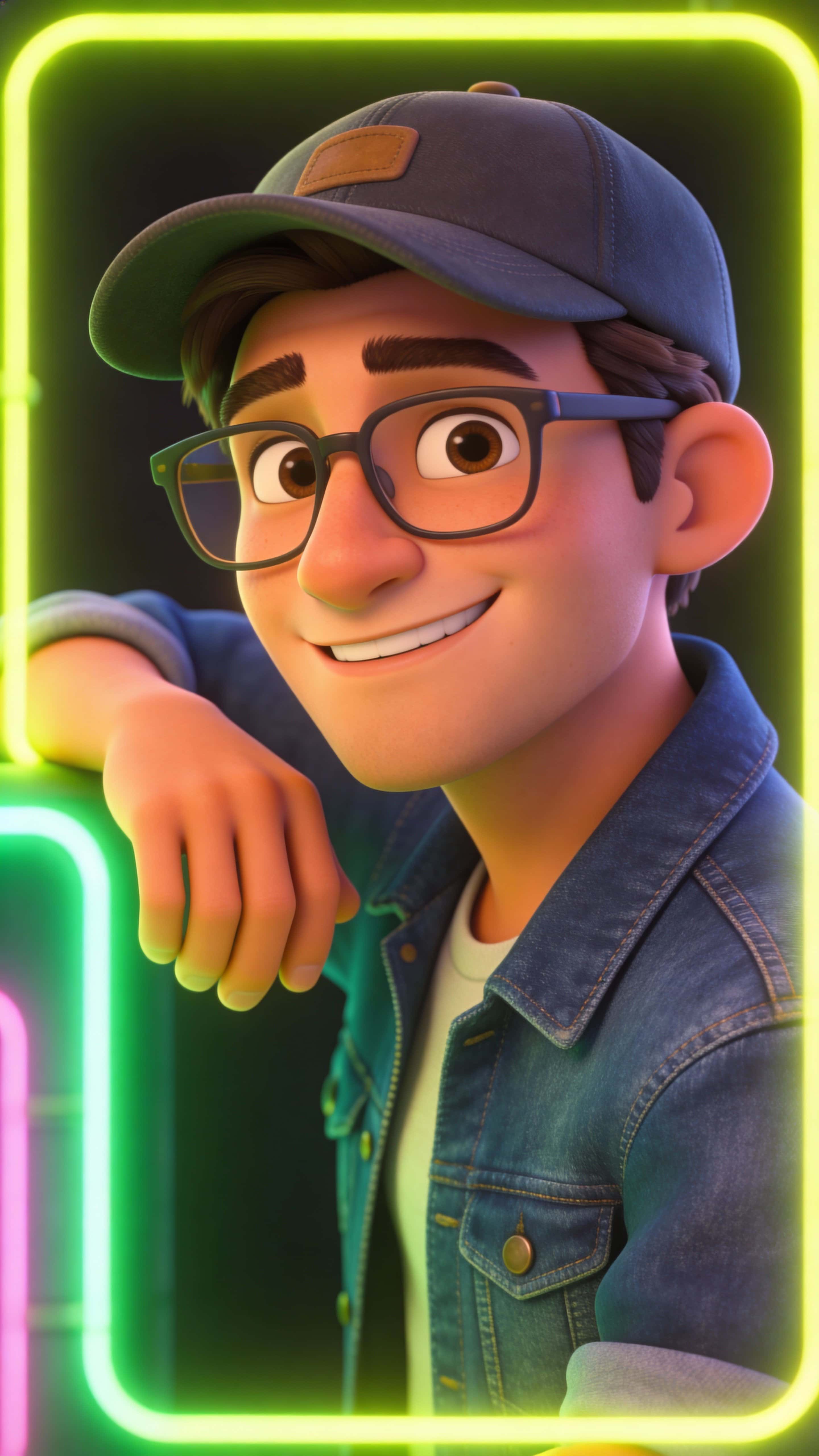 A friendly 3D cartoon man rests his arm on a glowing neon border, smiling confidently with glasses and a cap while wearing a denim jacket against a clean vertical 9:16 background.