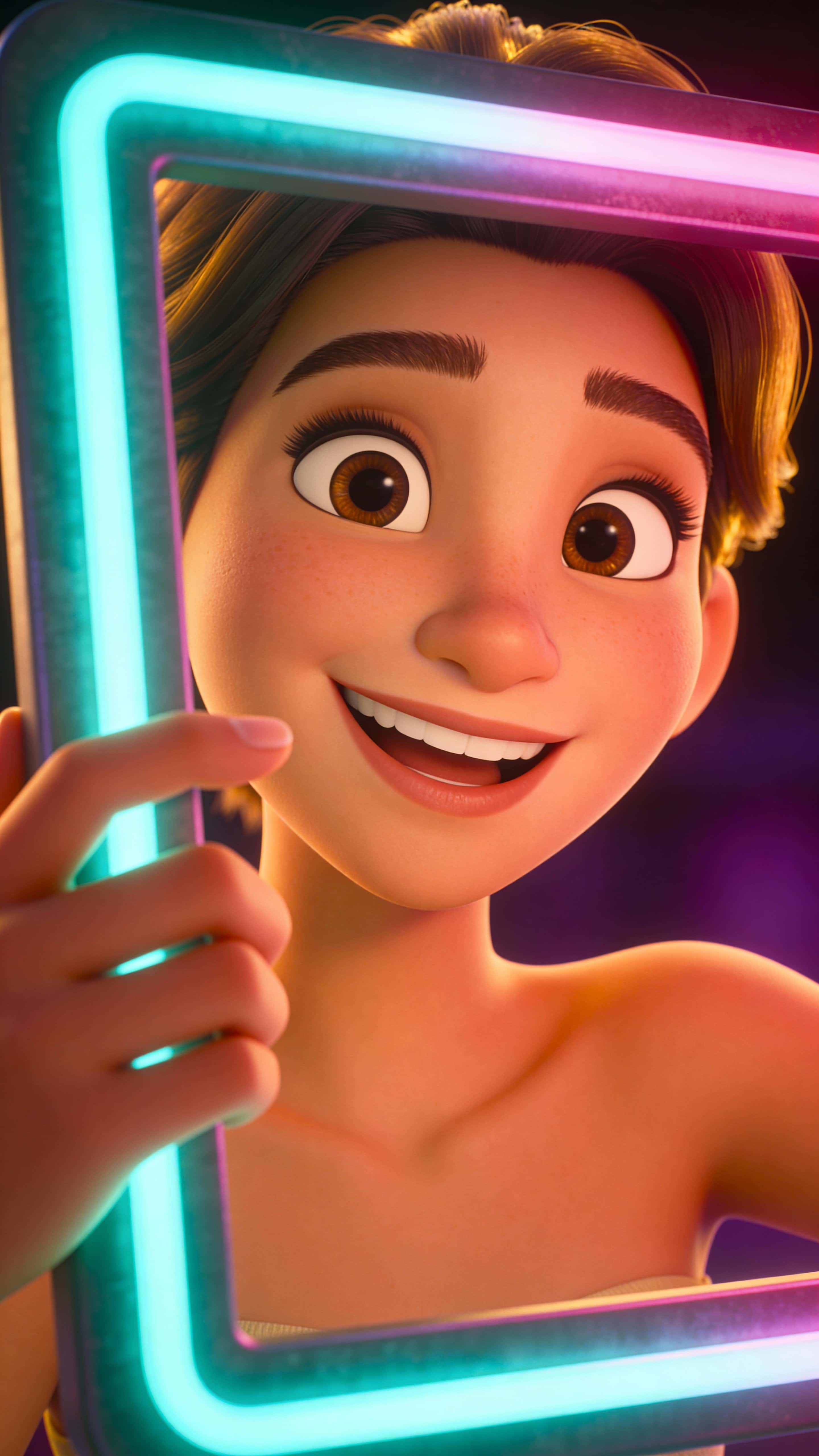 Vertical 9:16 head-and-shoulders portrait of a Pixar-style 3D character with exaggerated facial features, warm skin tones and soft shading, interacting with a glowing neon frame against a dark backdrop.