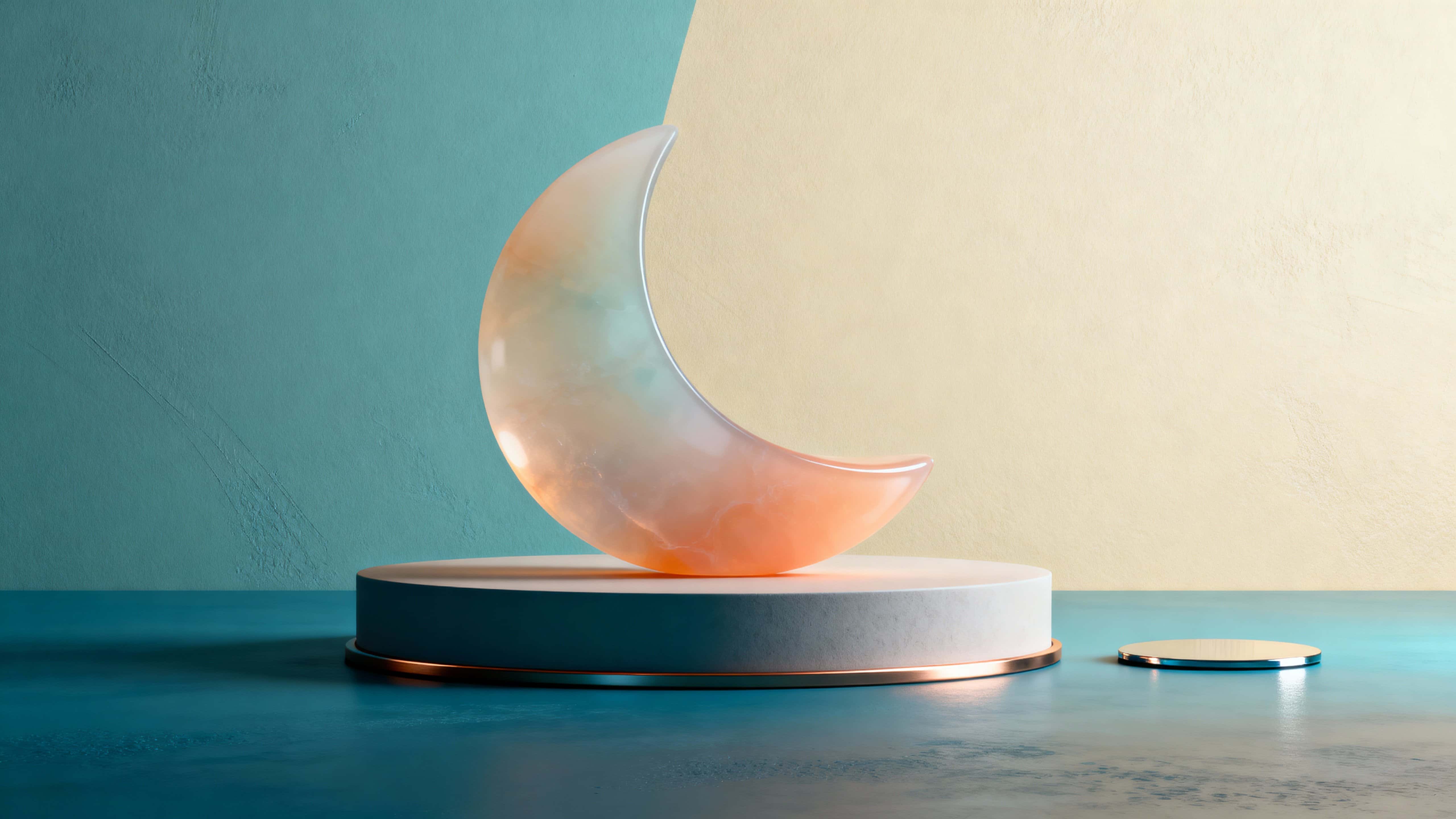 A single smooth curved 3D shape sits centered in a 16:9 frame with gradient light sculpting its volume, neutral surroundings, and a calm, contemplative mood for visual design use.