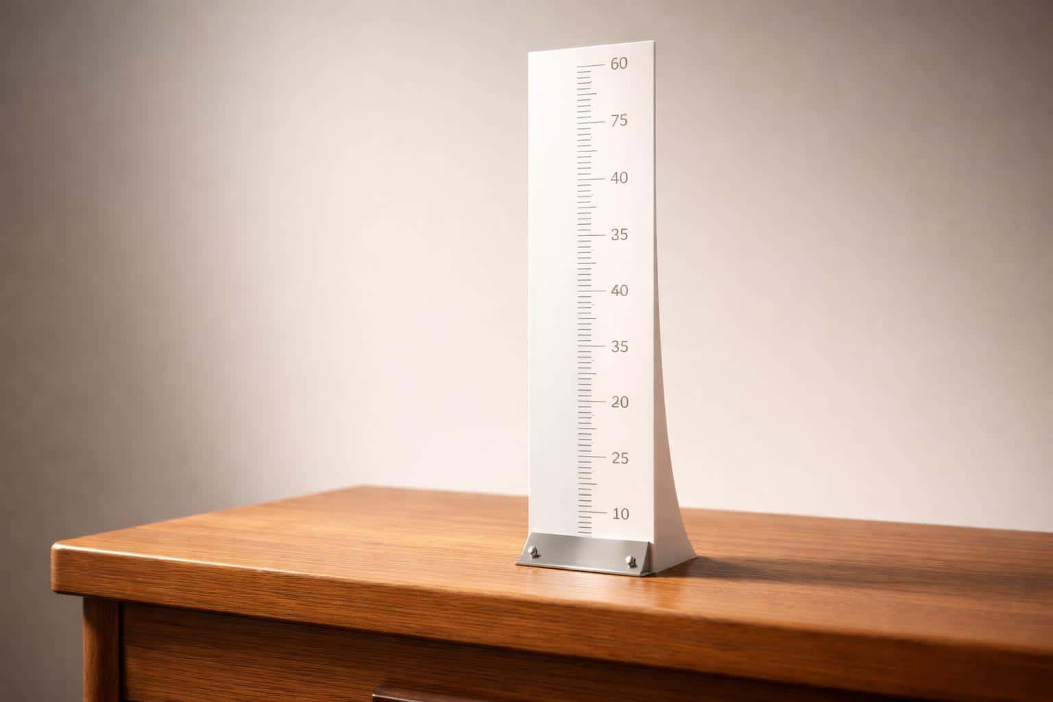 A 3D-rendered scene of a physical growth chart rising from a wooden desk, framed for a 3:2 layout and designed as a clean background asset for UI or poster use.