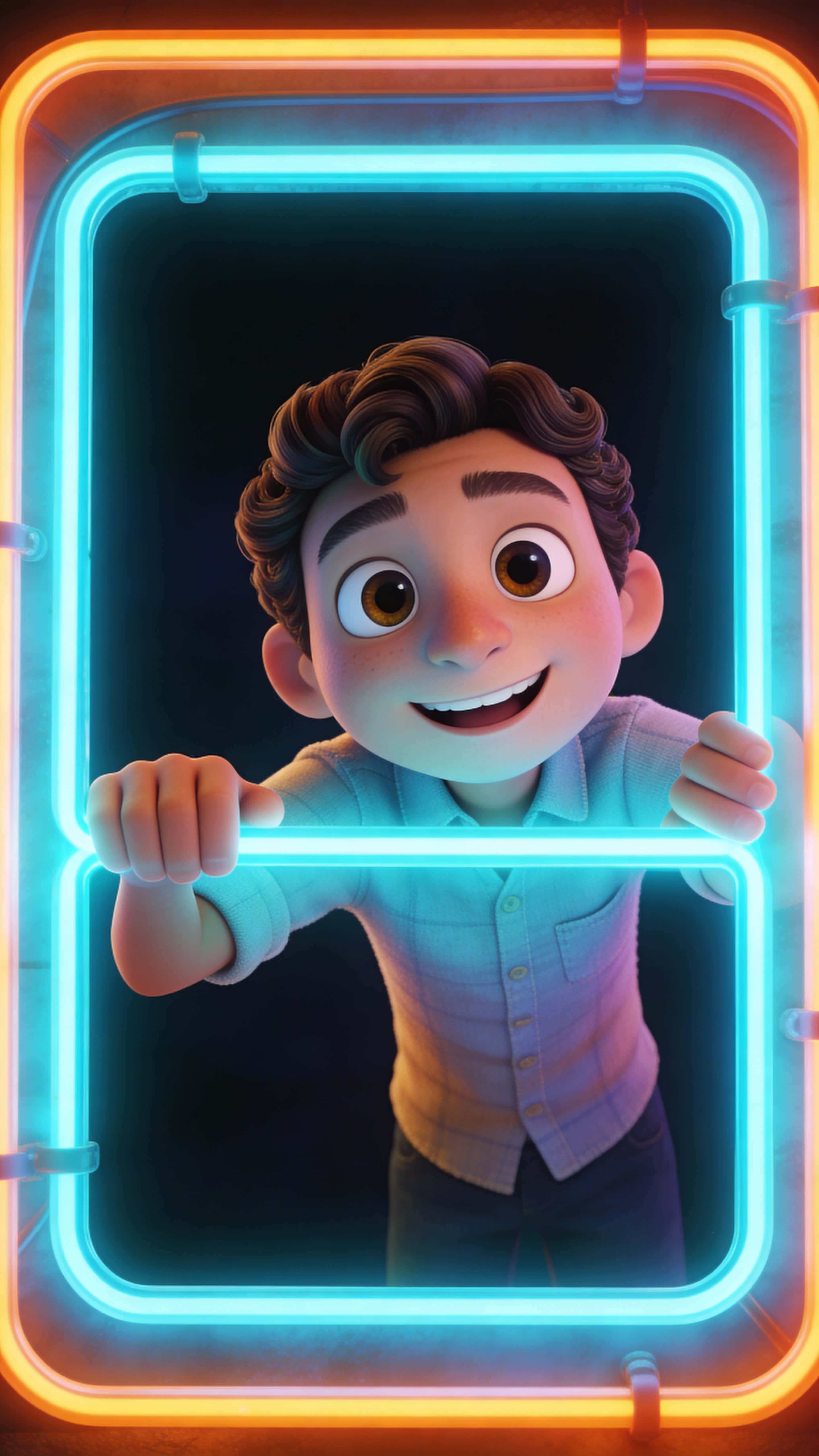 A 3D animated male character leans from a glowing neon frame with a cheerful expression and big expressive eyes, stylized features and realistic fabric textures, soft shadows on a dark background, framed vertically at 9:16 with head and upp