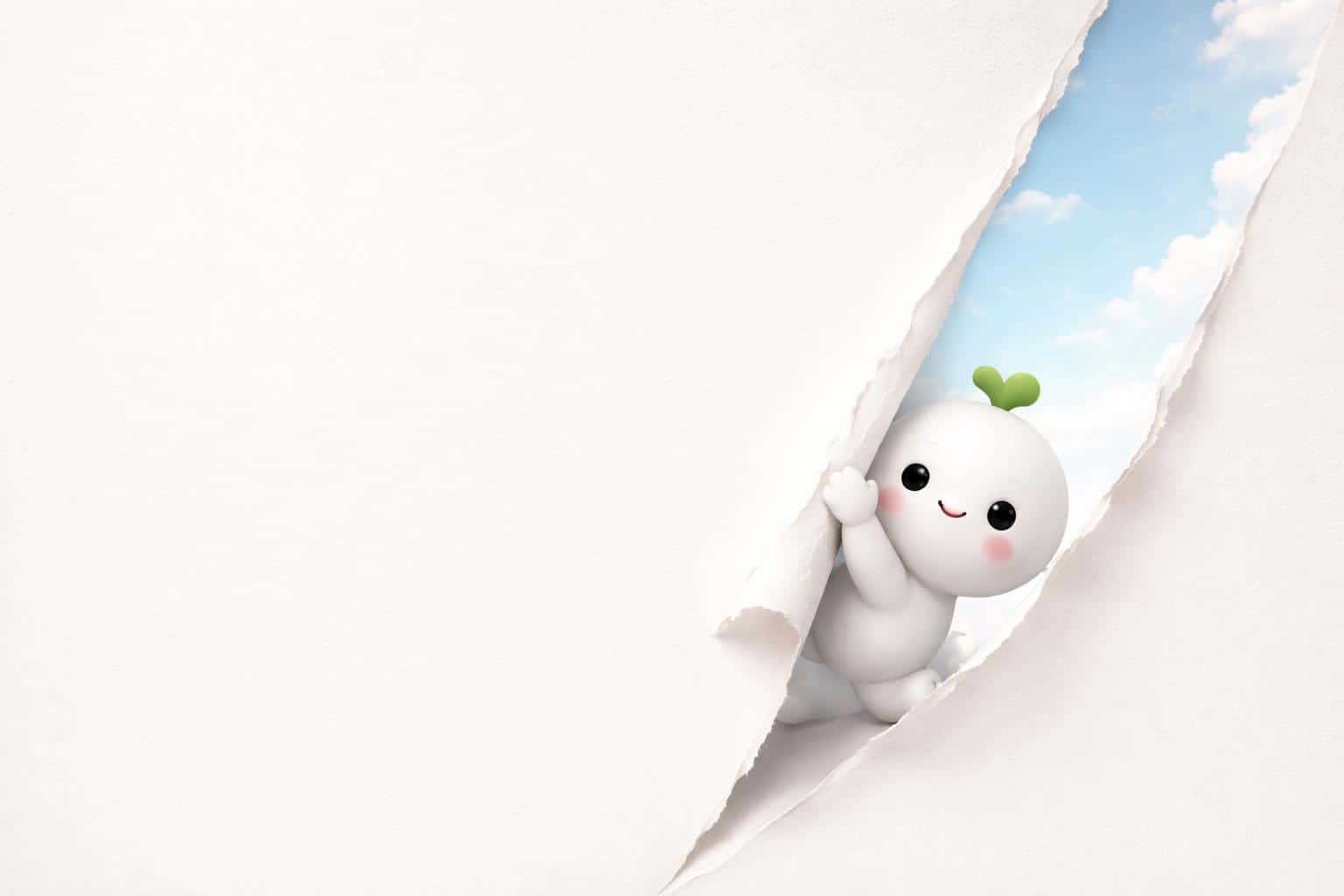 3:2 widescreen with a pale gradient and fine matte texture across left negative space, while a diagonal tear on the right reveals a dreamy sky and a small 3D mascot peeking.