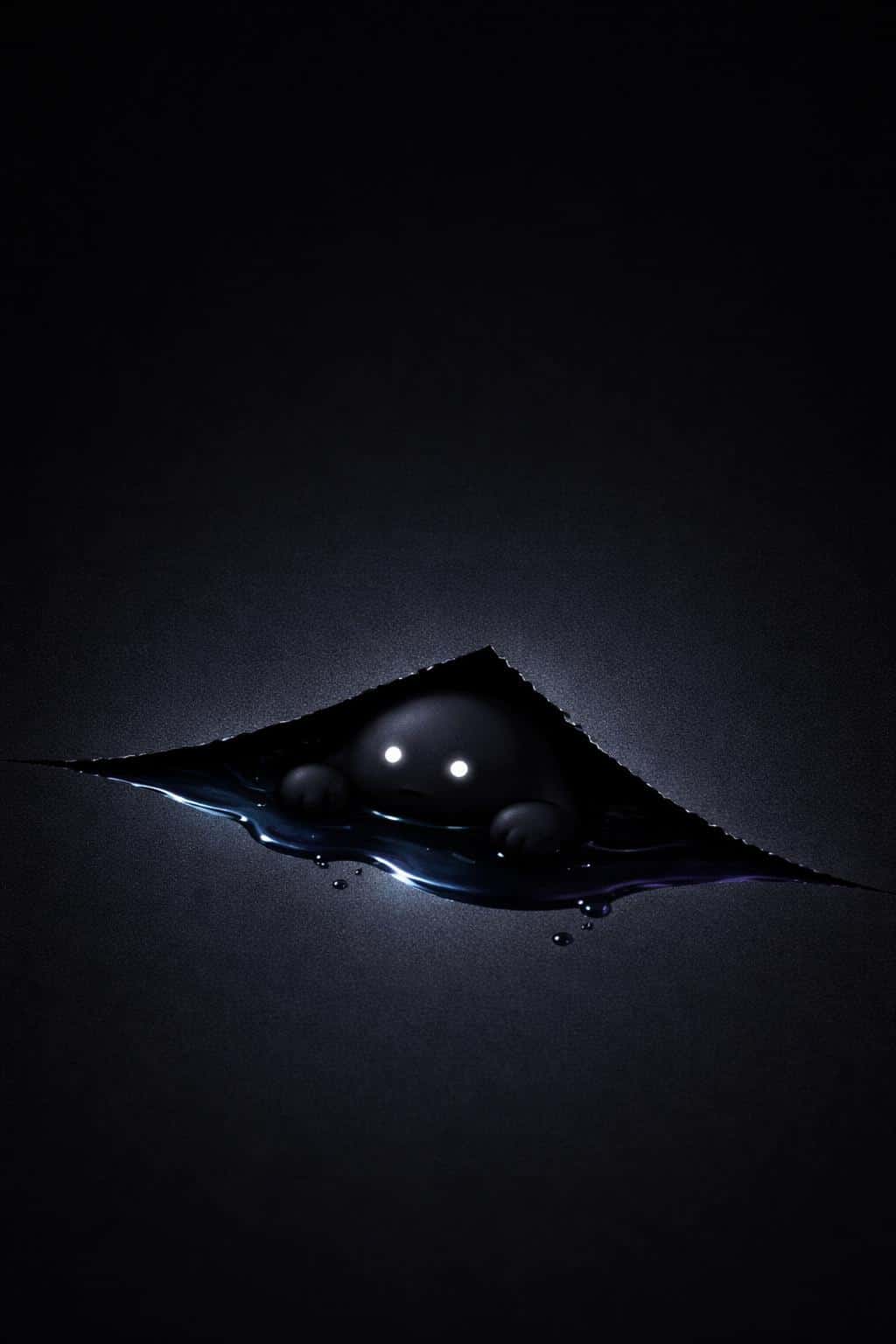 Portrait 2:3 scene with a near-black grainy background and soft vignette, a lower-third cutout reveals glossy inky liquid with a neon rim and a small matte 3D mascot peering out.
