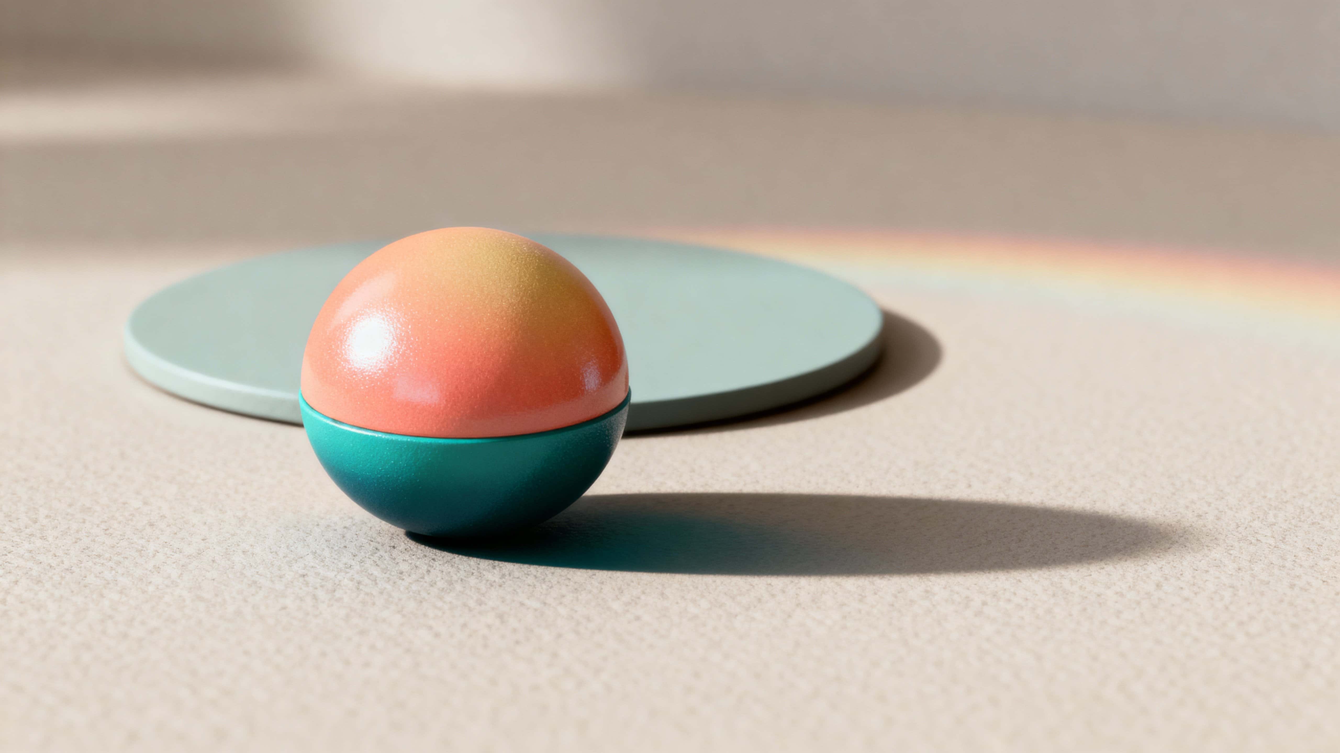 A 16:9 compositional study of a smooth gradient 3D sphere casting sculpted shadows across a neutral plane, exploring color transitions, soft form separation, and minimalist lighting for visual design reference.