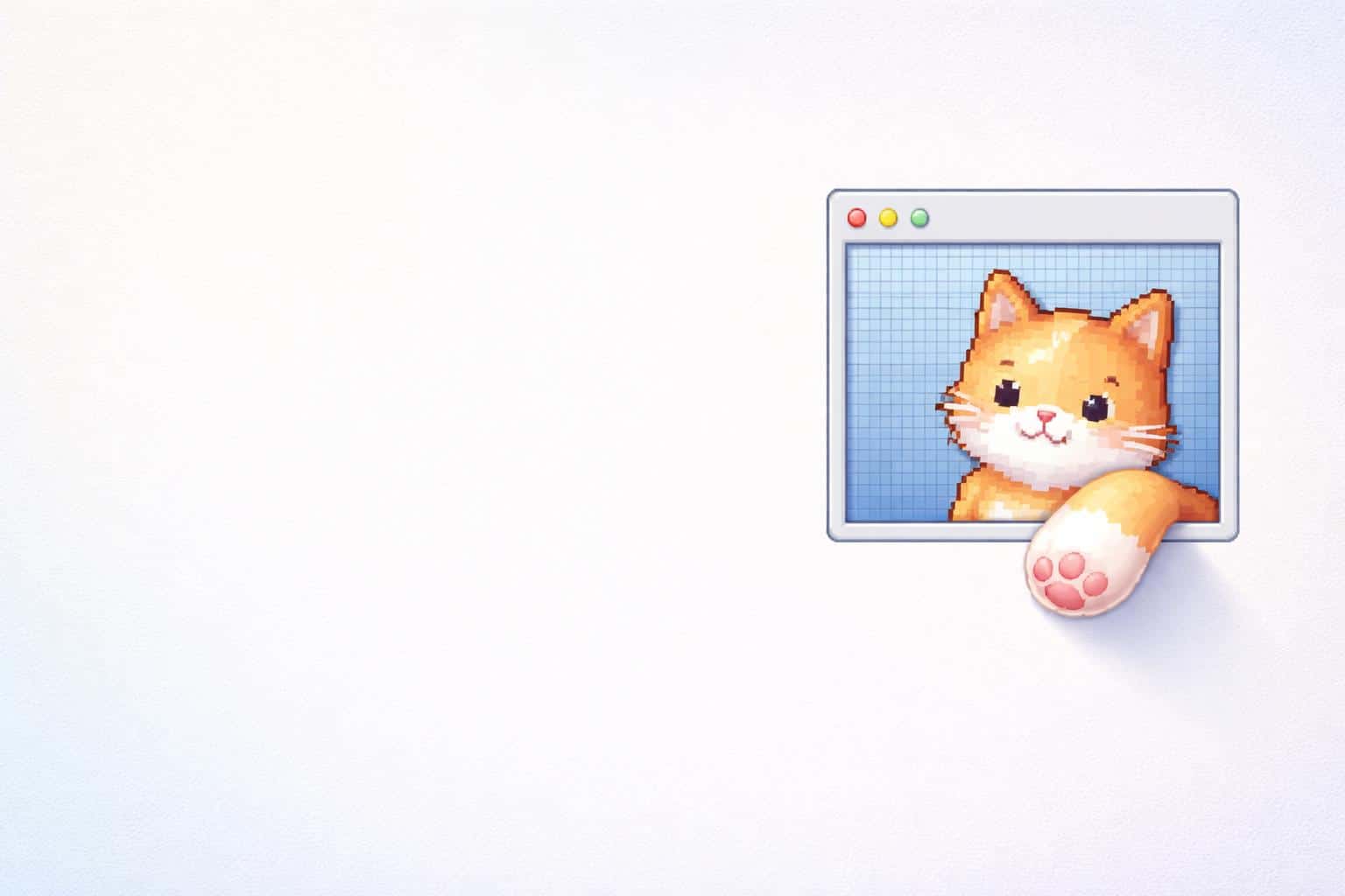 3:2 minimalist scene with a cool gradient matte background and broad left negative space; on the right third a pixel window shows an 8-bit cat whose paw morphs into a soft 3D paw.