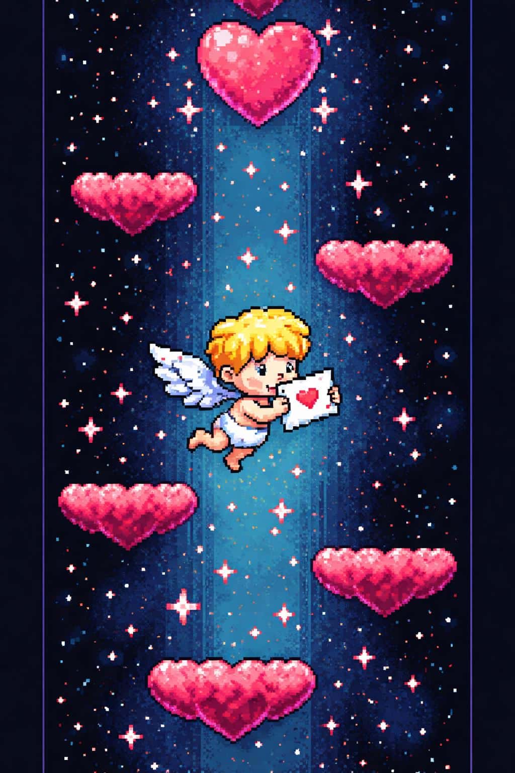 Vertical 2:3 retro pixel-art card of a tiny 8‑bit cupid ascending heart-shaped platforms toward a large shimmering heart at the top against a dark blue starfield.