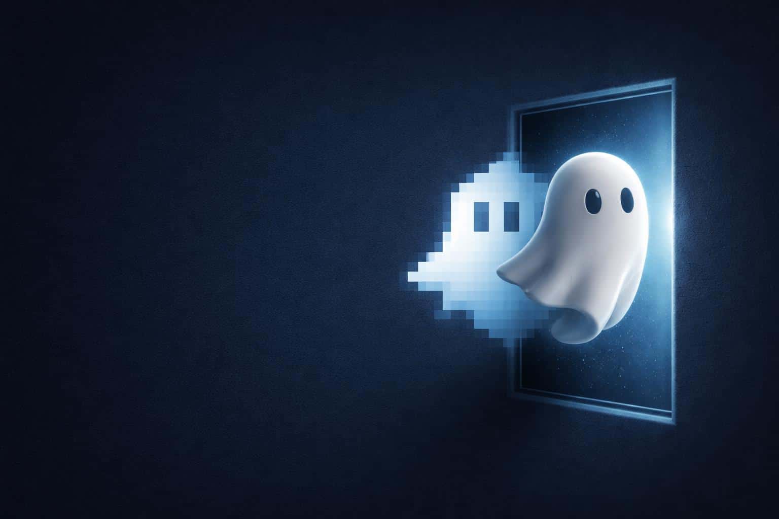 Wide 3:2 composition with a minimal midnight-blue background and left negative space, a glowing pixel window at the right third revealing an 8-bit spirit morphing into smooth cracked porcelain.