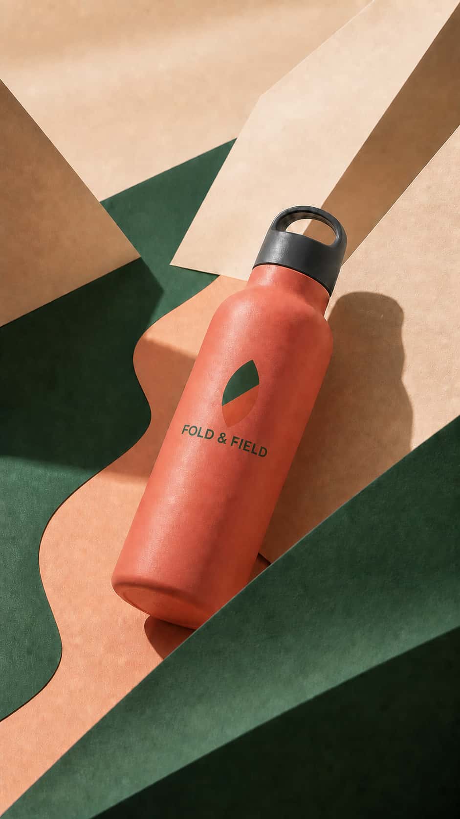 Build a sculptural bottle campaign from product and logo references, integrating direct-printed branding into a diagonal composition of folded paper and sunlight.