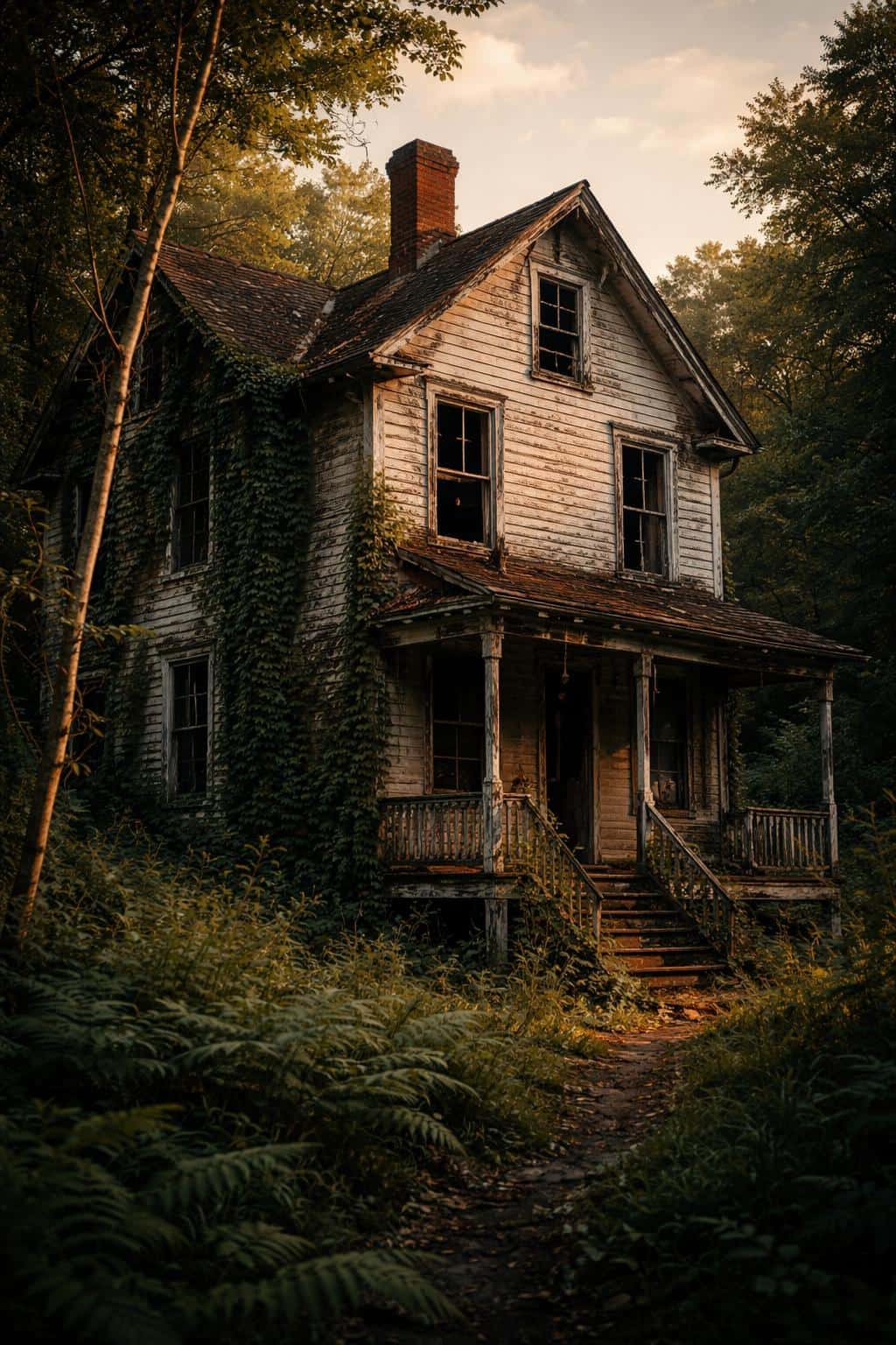 An abandoned house overtaken by climbing vines and trees, photographed as a moody architectural scene in portrait 2:3 ratio for poster use with careful composition guidance.