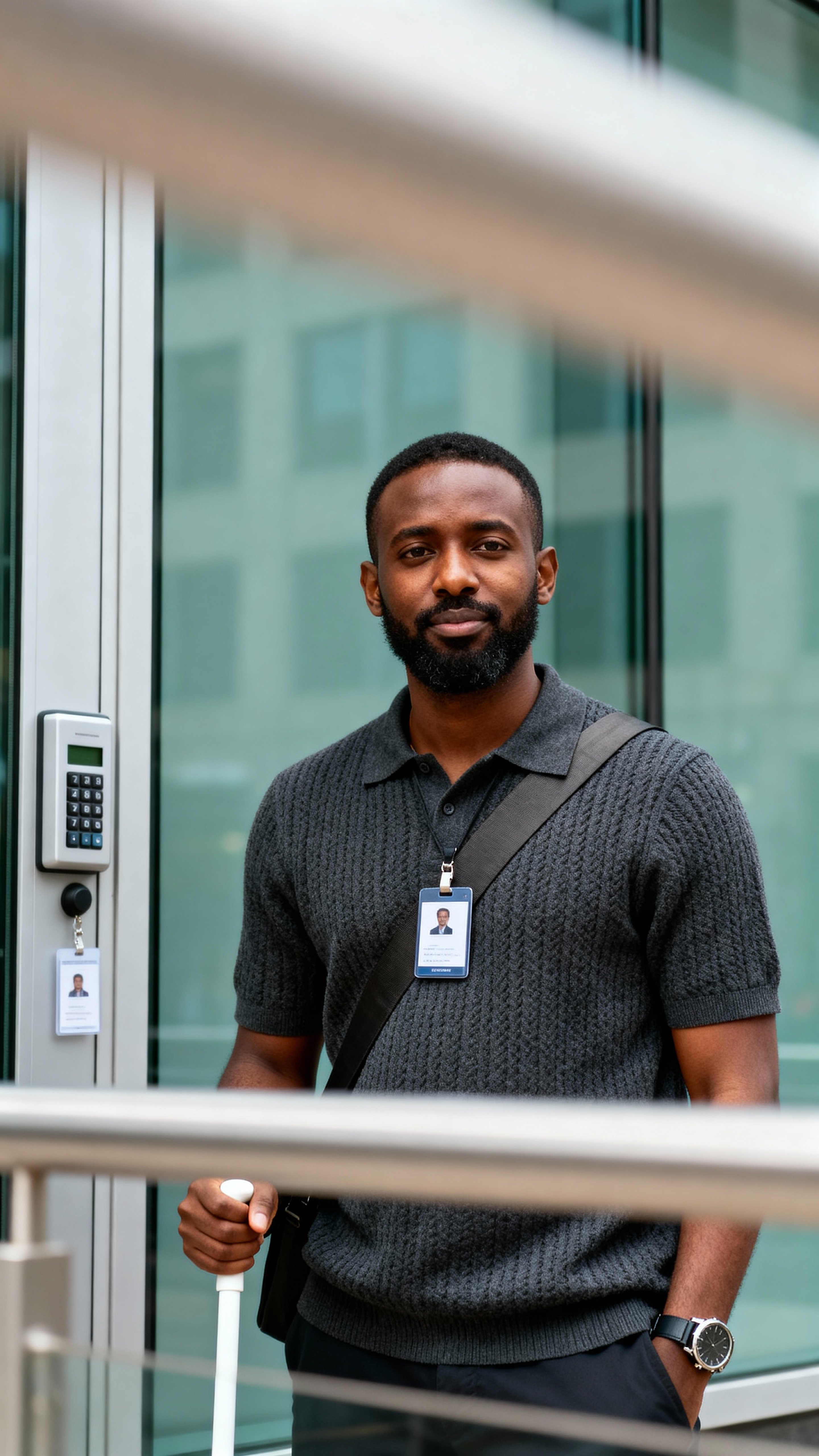 Half-body portrait of Abdi, a Somali-American software engineer in Columbus, poised with a white cane and charcoal polo, rich brown skin lit by a warm cheek highlight against a cool glass facade and olive strap.