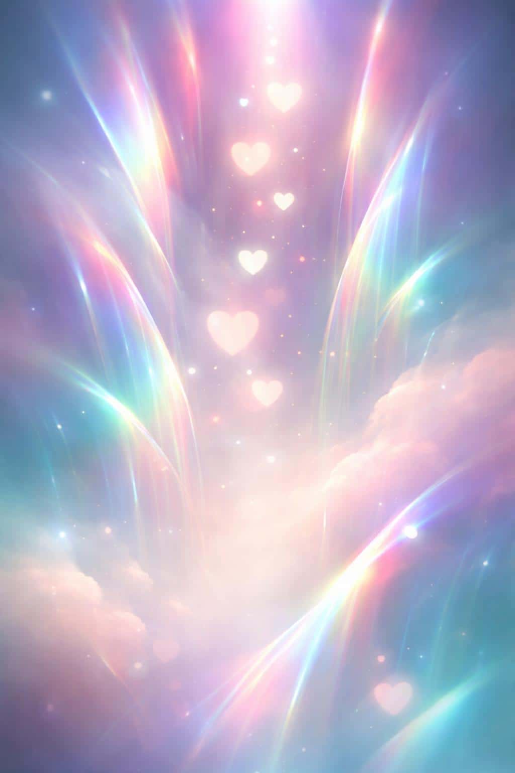 Vertical 2:3 abstract 3D light simulation with ethereal prism leaks, heart-shaped bokeh and floating orbs in an iridescent teal, magenta and soft peach mist.