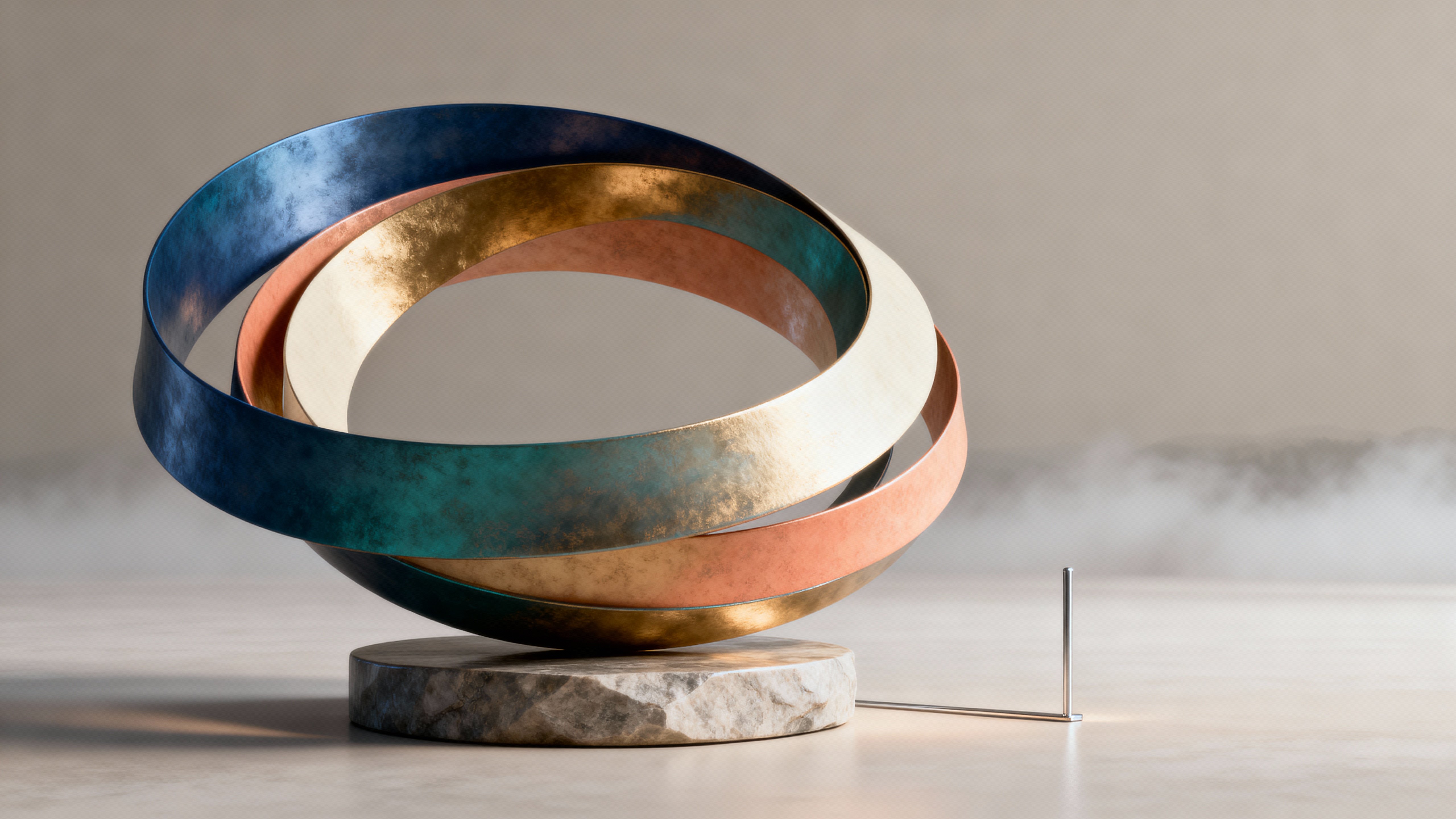 A cinematic 16:9 render of a looping abstract 3D sculpture in a neutral studio plane, framed for wide-screen display with warm and cool color accents and subtle material contrasts to emphasize flow and depth.