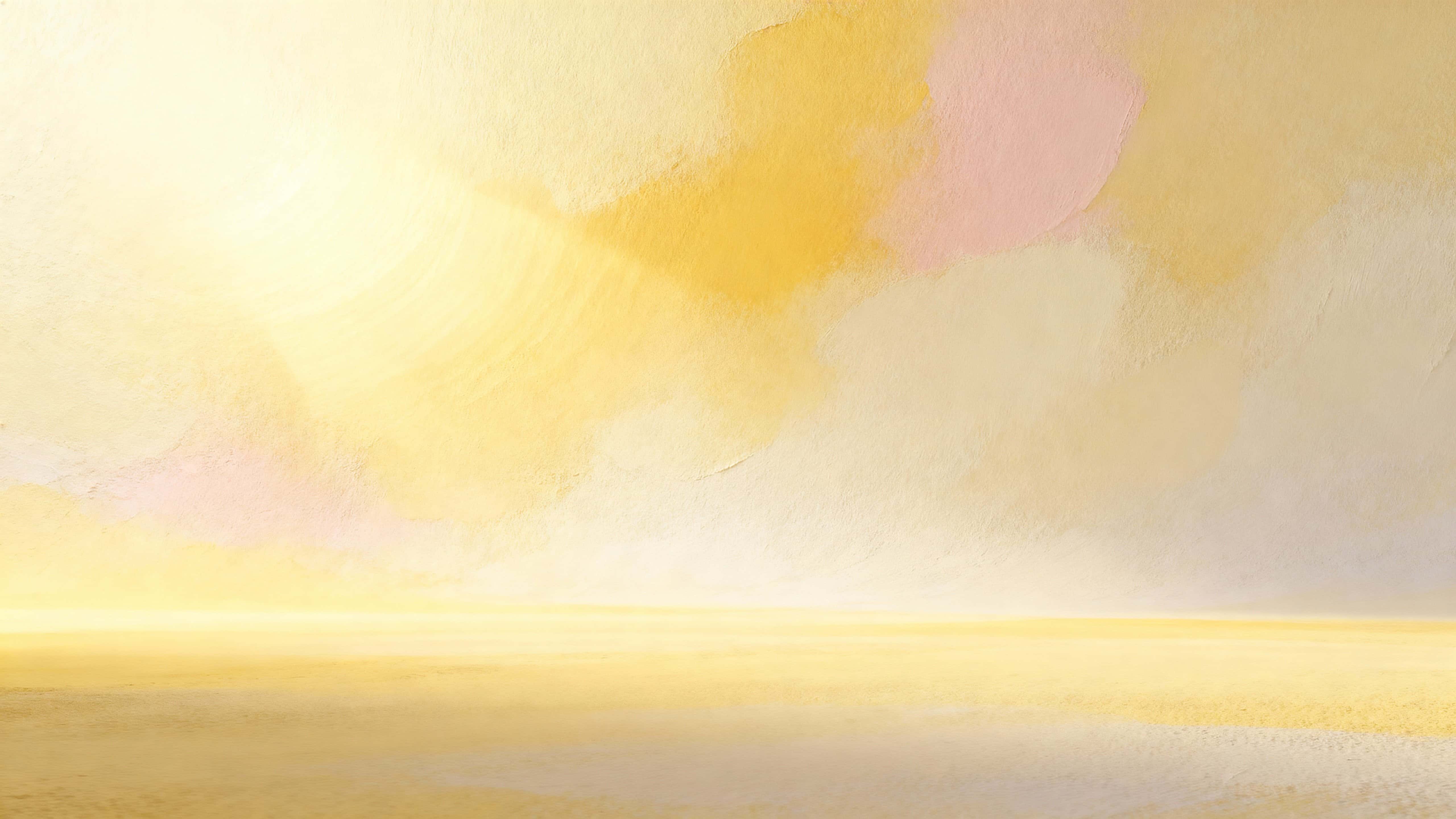 A softly glowing 16:9 abstract field of blended butter yellow, pale cream and whisper-blush with a displaced upper-left radial glow fading into honey-tinted, velvety matte surfaces.