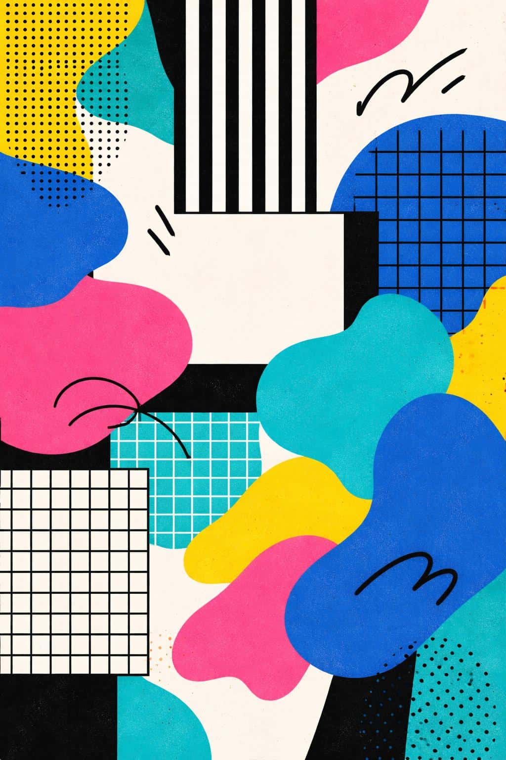 Portrait-format abstract collage in bold pop-art vector style with high-contrast patterns, halftones, grids and colorful organic blobs for wallpaper use.