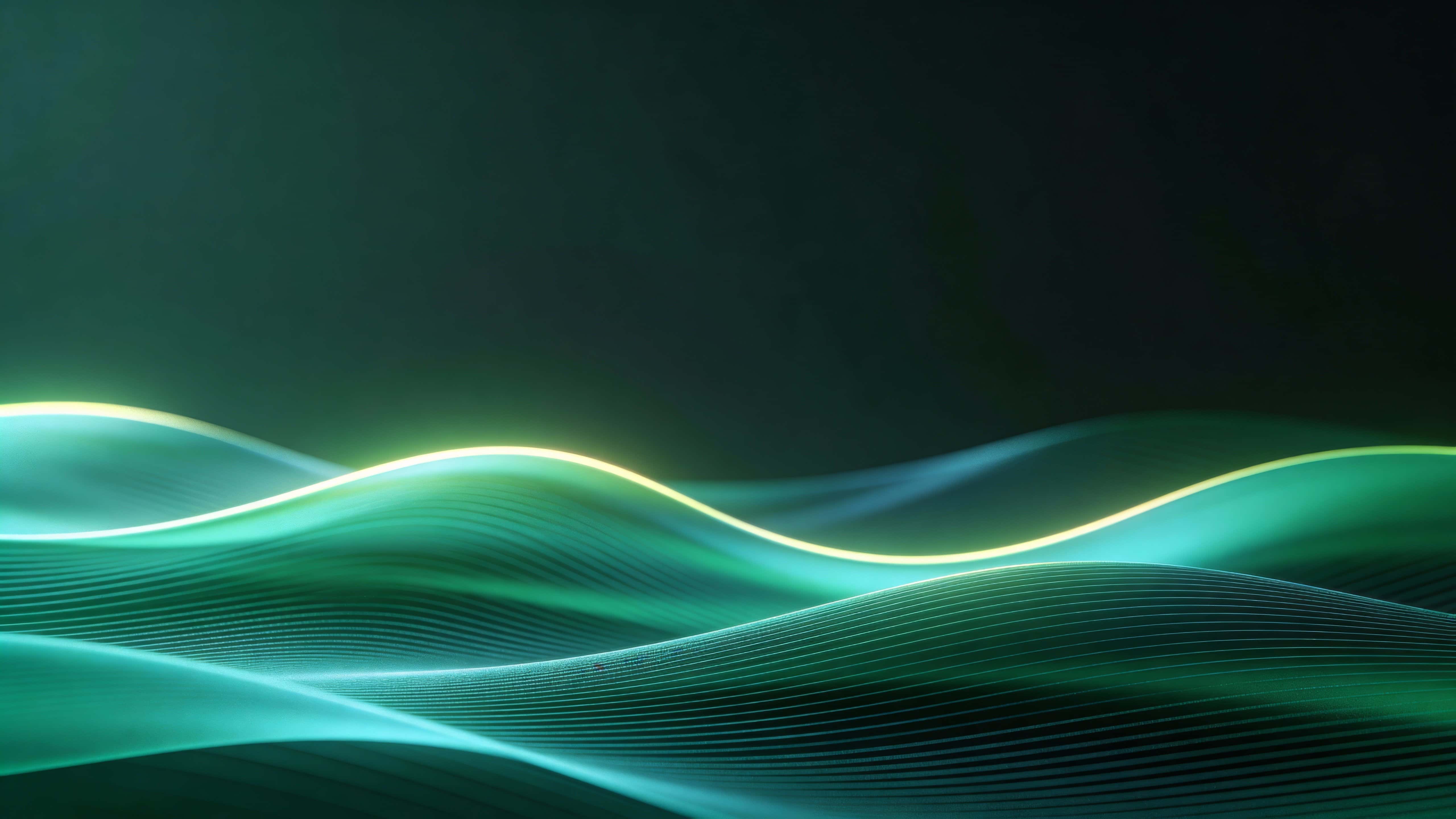 A clean, modern abstract digital horizon of layered flowing wave lines rippling across a dark 16:9 frame, in emerald tones with soft aqua highlights and a gentle edge glow.