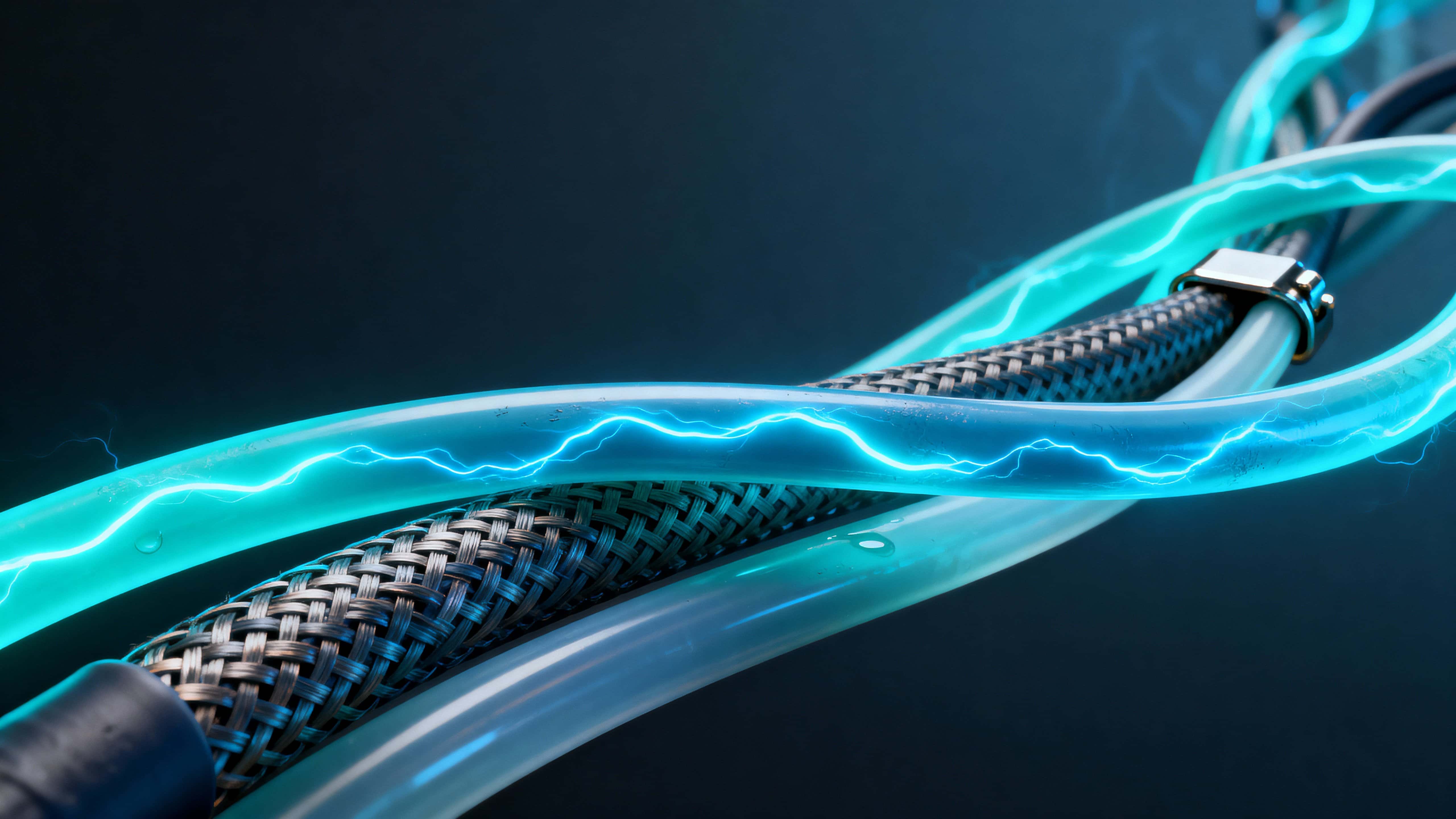 A 16:9 composition of twisting abstract energy cables carrying luminous blue currents through a dark neutral field, emphasizing sculptural motion, tactile texture, and cinematic framing.