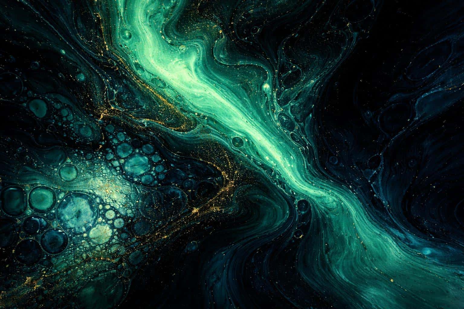 High-fidelity recreation of a cosmic fluid art composition featuring teal, navy, and gold metallic pigments in a macro abstract photography style for posters.