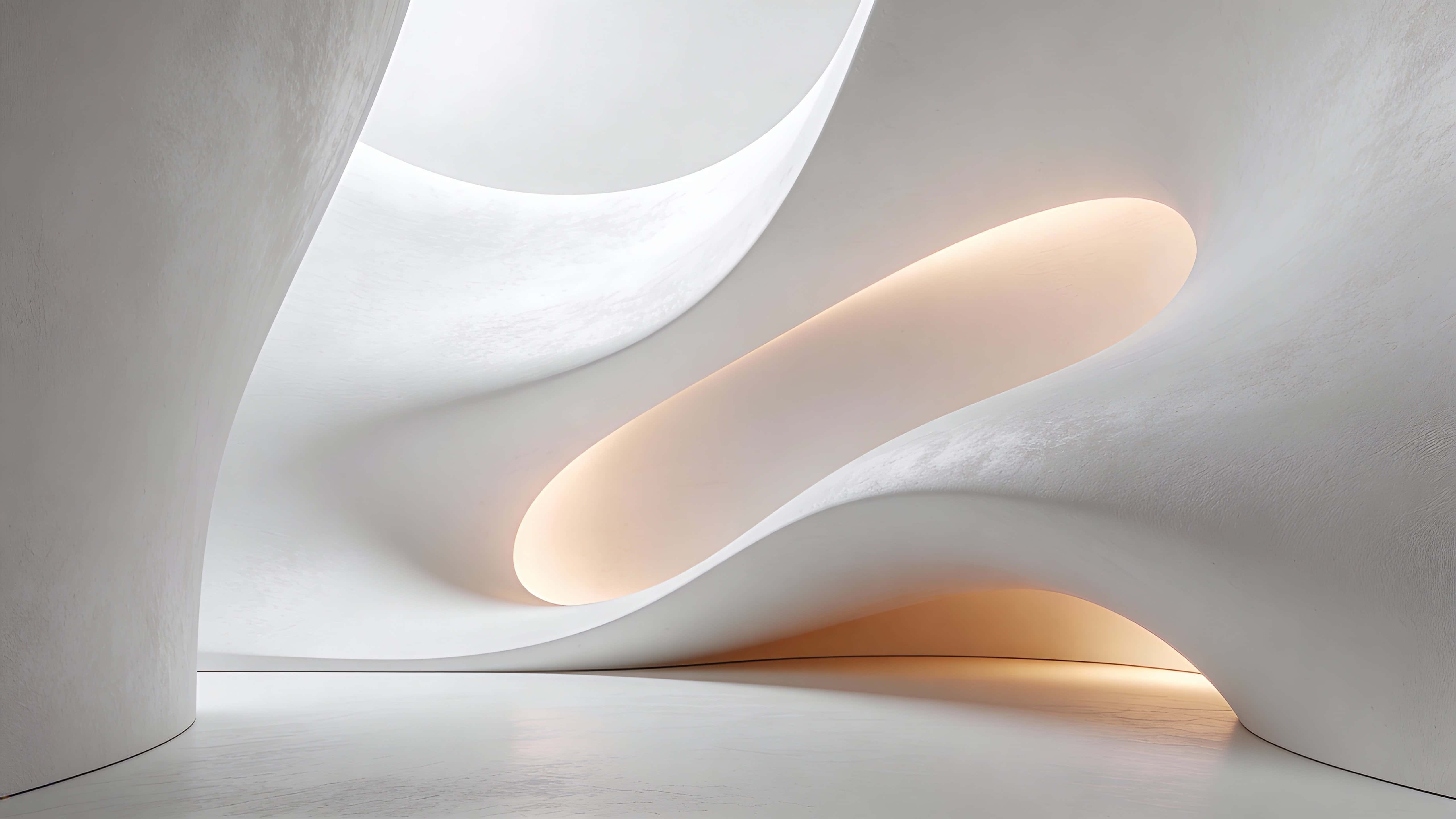 A minimal abstract sculpture with seamless folds, matte white surfaces and ultra-smooth curves emitting a subtle warm internal glow in a calm studio scene.