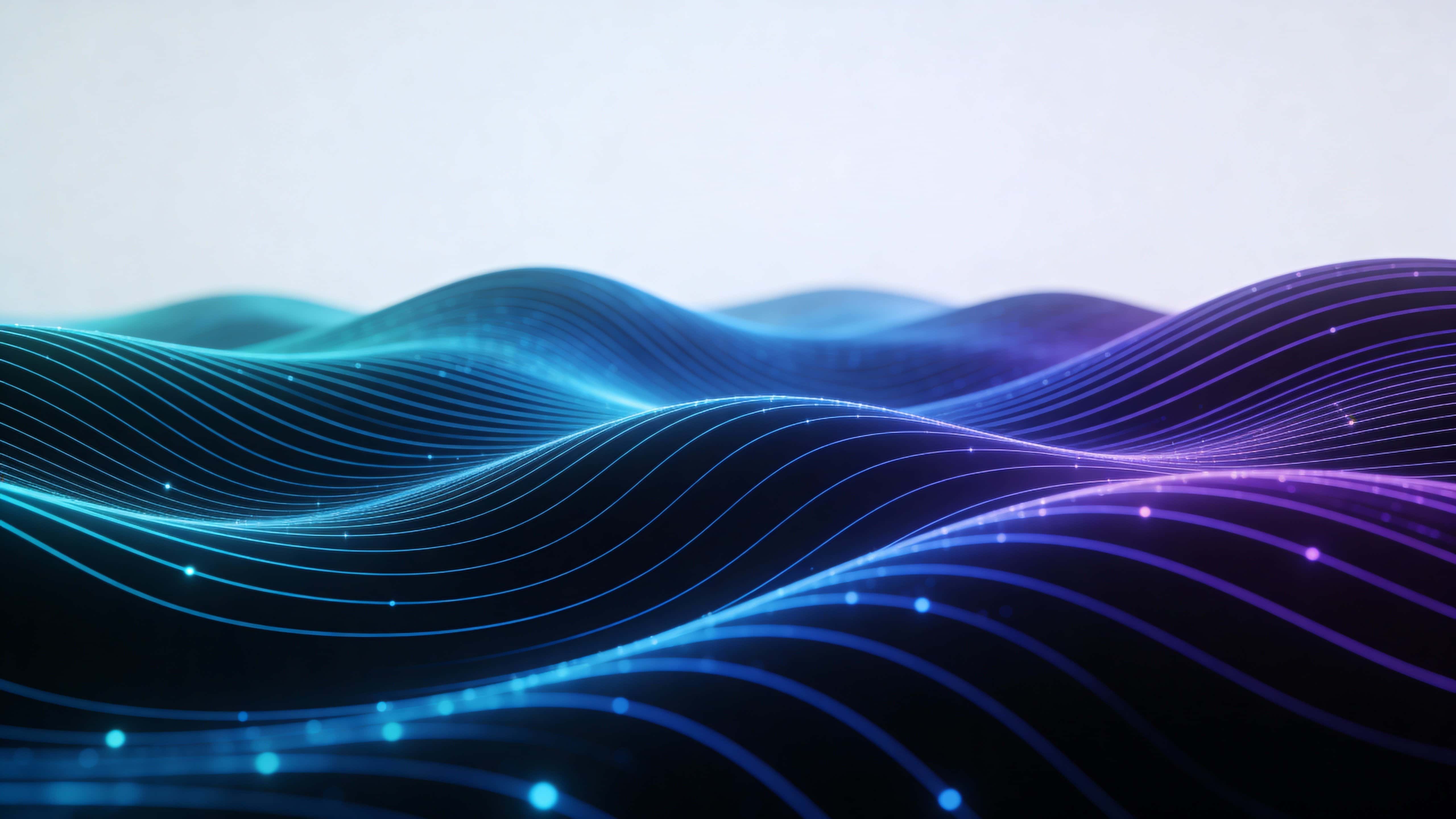 Layered wave patterns of fine glowing lines in electric blue, teal, and violet form a smooth digital terrain rising from the lower half over a dark backdrop, leaving the upper area clean and minimal.