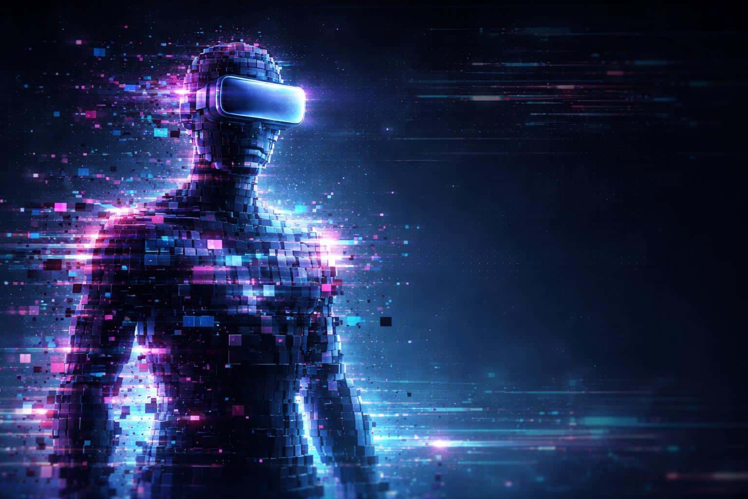 Abstract human figure composed of pixelated glitches and VR glasses in a 3:2 digital painting, framed as a poster-cover that explores virtual disconnection and surreal immersion.