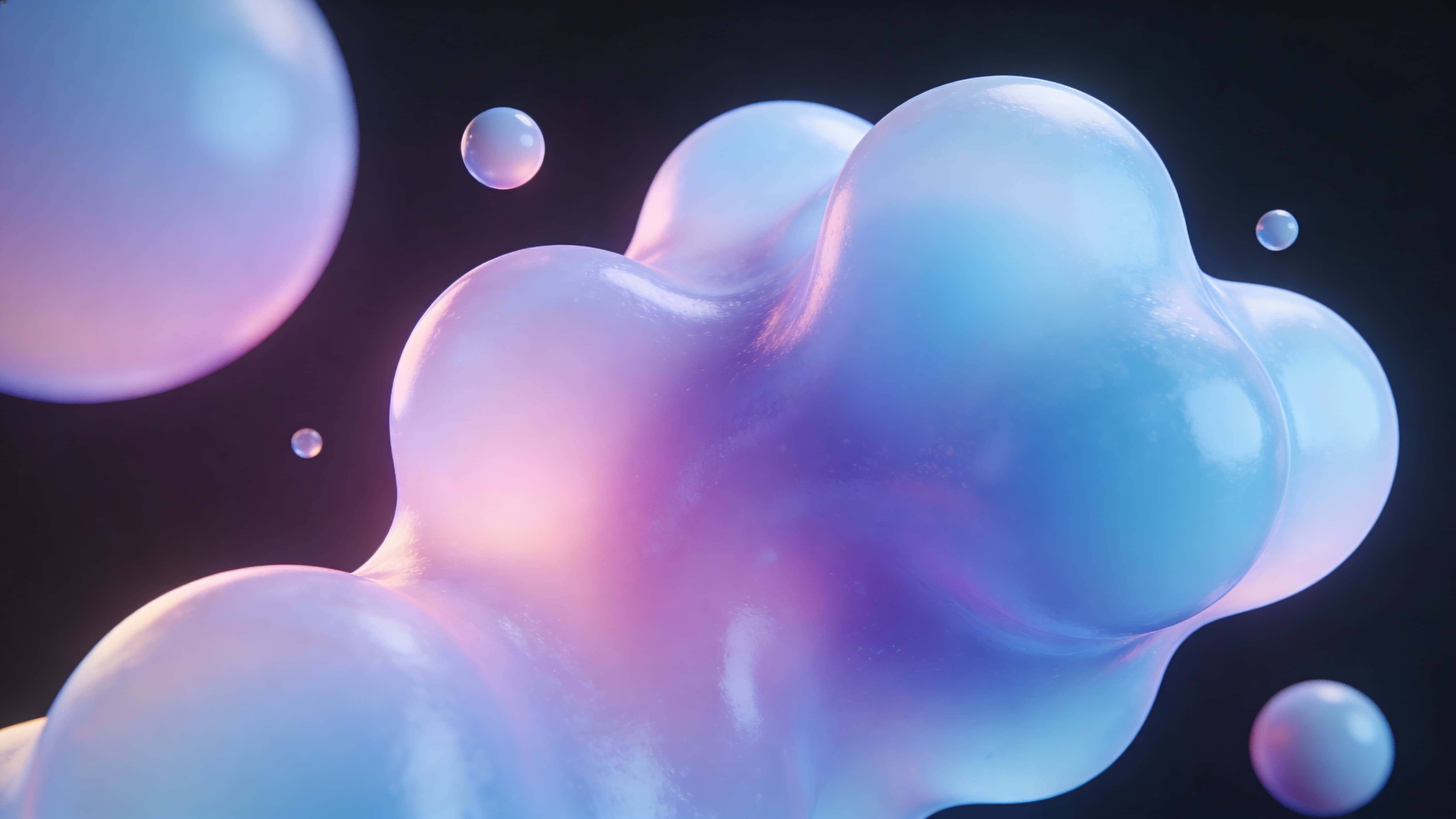 Smooth organic jelly-like forms merge into a floating abstract blob sculpture with soft pastel blue, purple and pink gradients, subtle internal glow, surrounding spheres, and a dark minimal background.