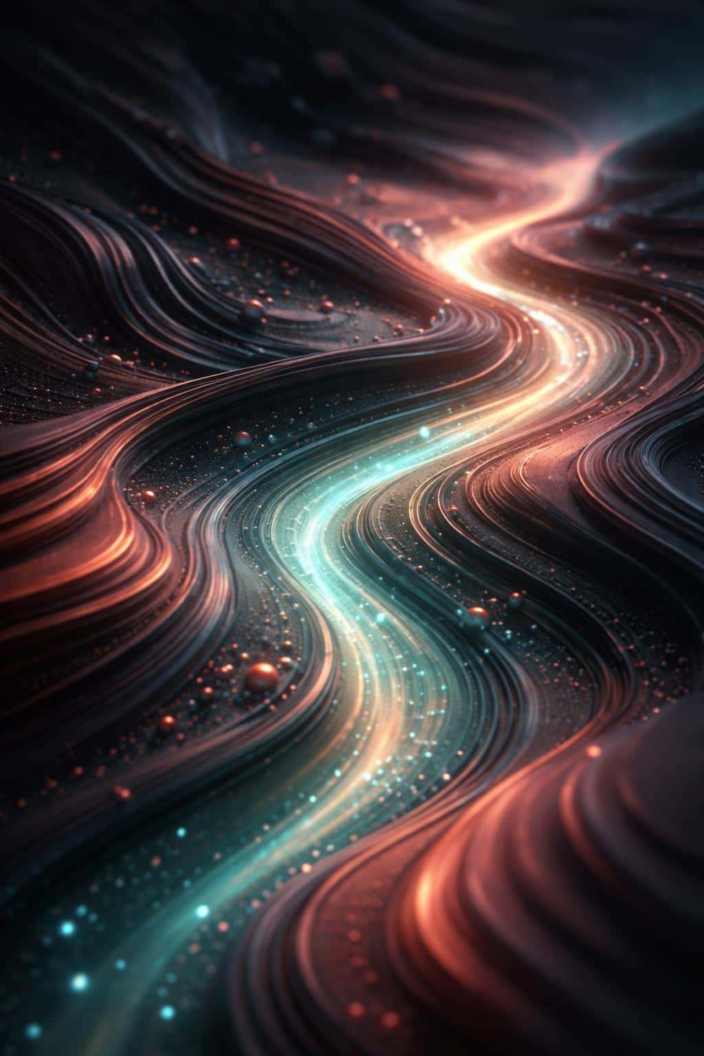 Close-up 3D study of an abstract layered terrain with a winding channel crossing a vertical 2:3 frame, sculpted by soft rim and top lighting for a tactile, futuristic wallpaper.