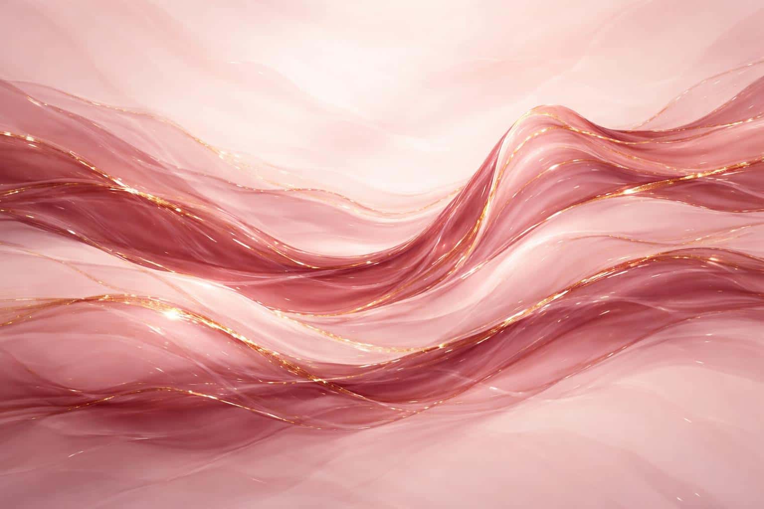 A wide 3:2 digital painting of flowing pink marble with metallic gold veins, glossy textures, and layered folds designed for wallpaper or poster use.