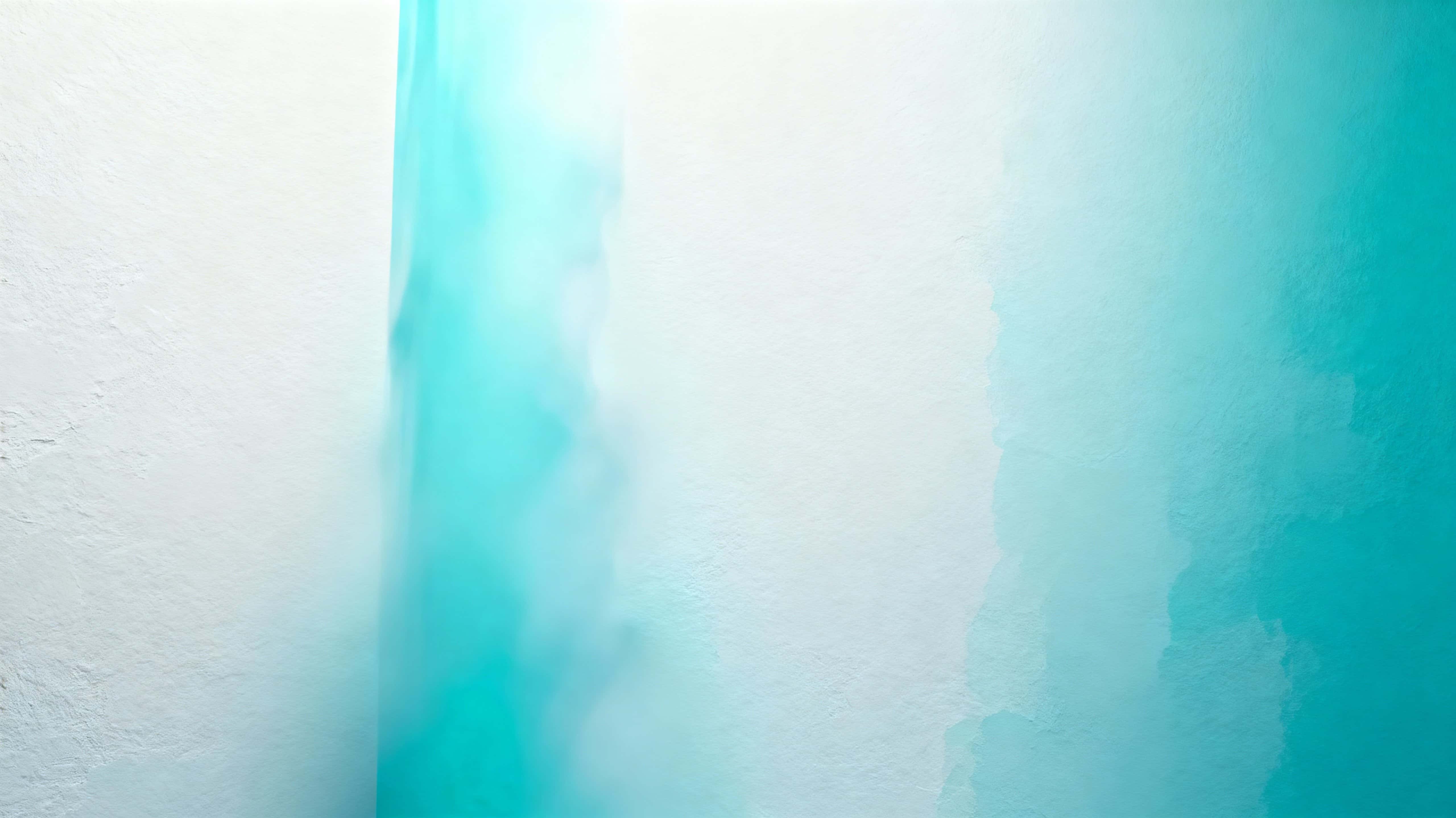 Close-up 16:9 view of a softly lit 3D-rendered matte surface with a vertical mint-to-sky-blue gradient, a misty luminous column slightly left of center and subtle plaster-like tint variations.