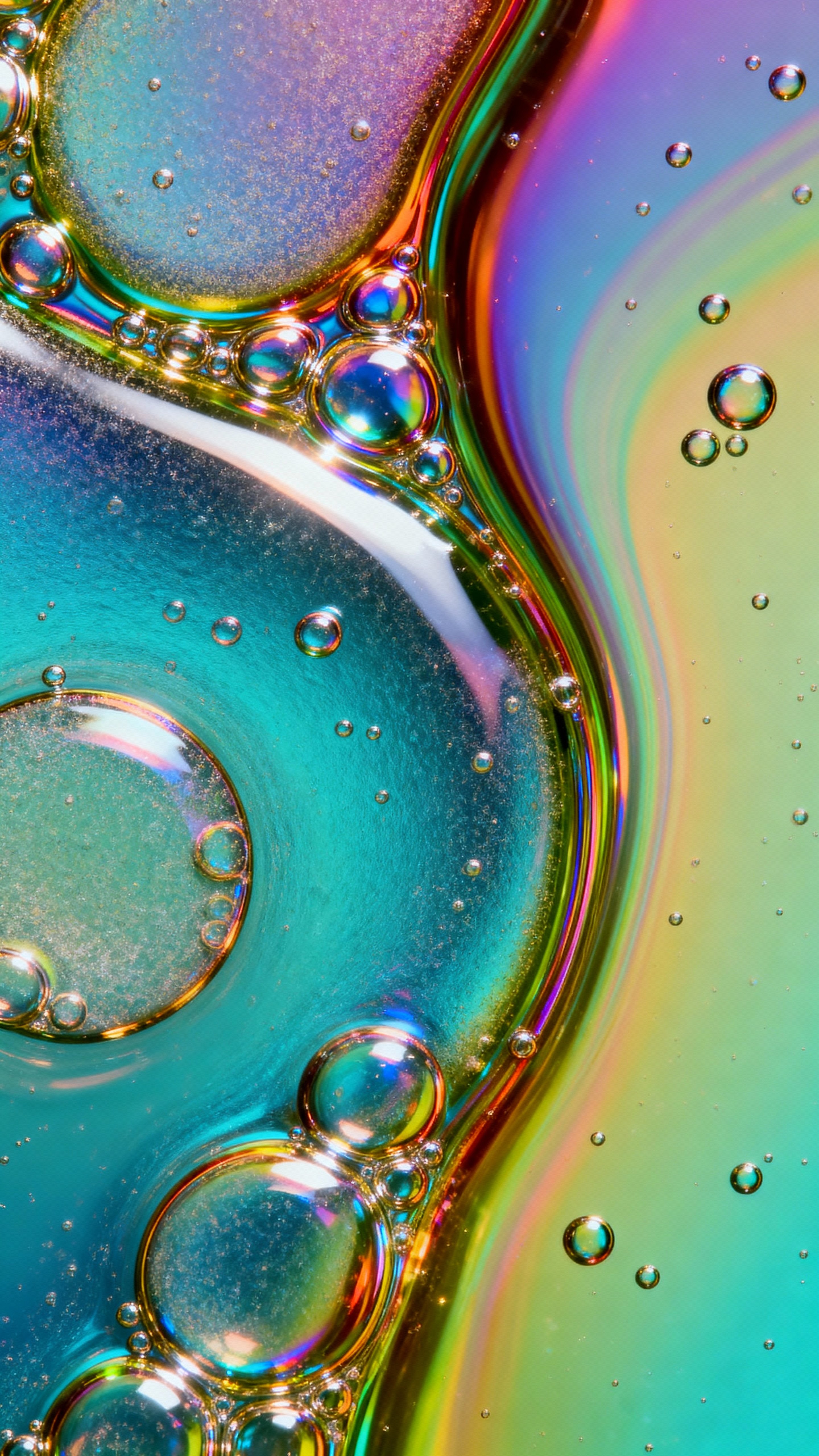 Hyper-realistic 4K macro of colorful oil and water bubbles forming organic swirling shapes under bright light. Close-up, high-detail image emphasizing light refraction, vivid colors, and fluid textures to create an artistic, creative, and现代