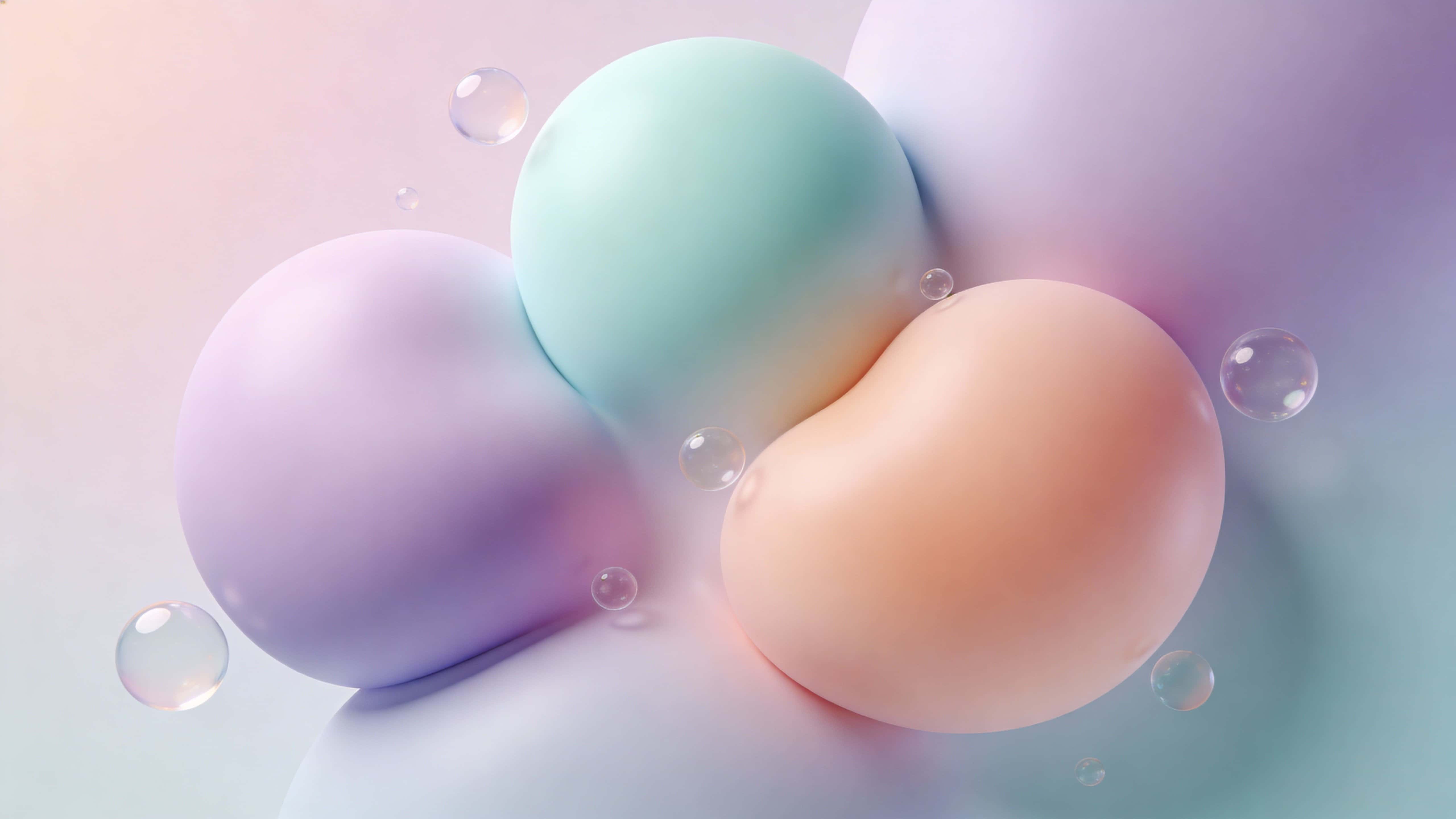 A dreamy modern 16:9 abstract background featuring soft pastel blobs and translucent bubbles, smooth gradients and a minimal, calming 3D surface ideal for UI or branding.