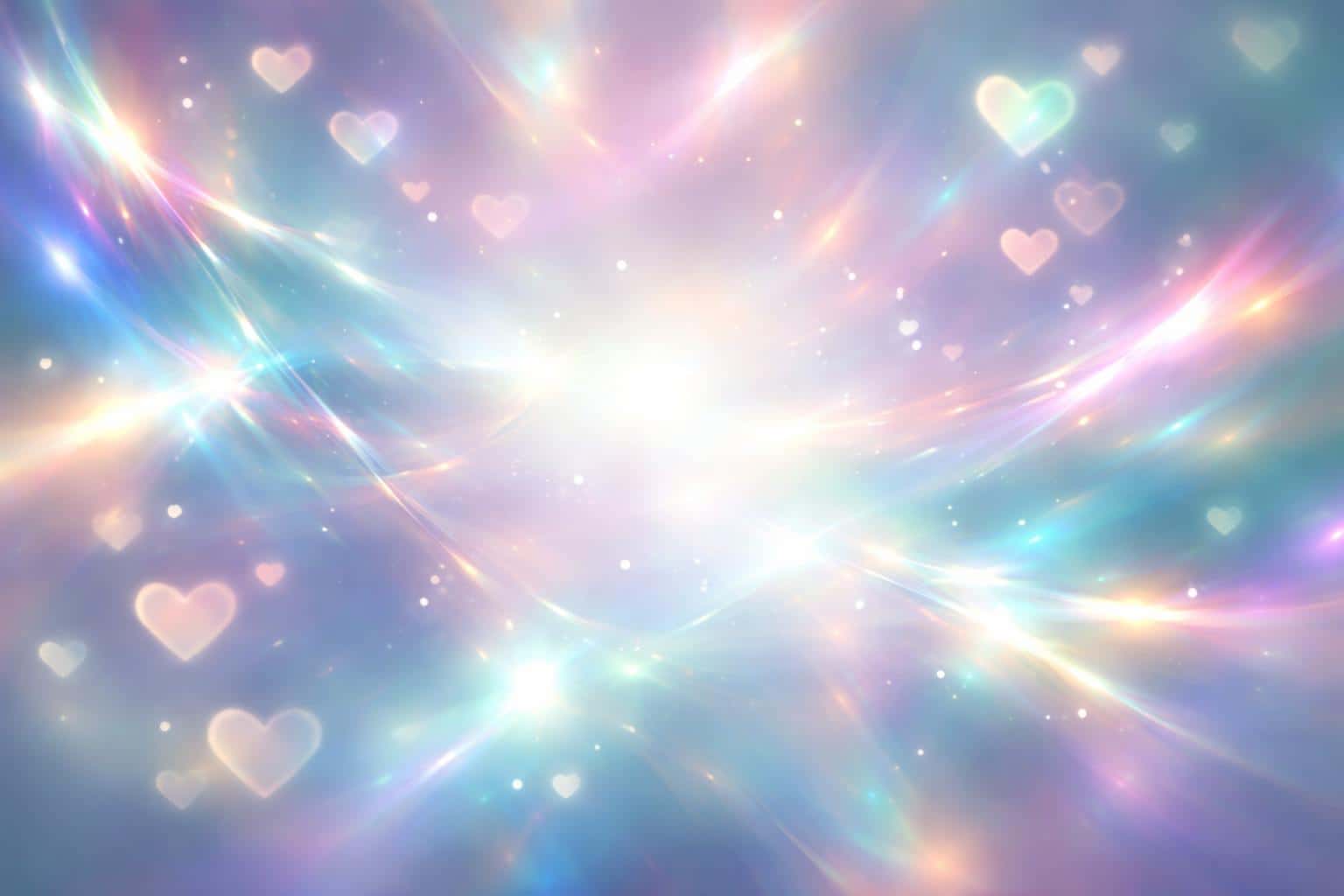 Wide 3:2 abstract 3D light simulation where ethereal prism leaks and iridescent teal, magenta, and peach refractions form floating heart-shaped bokeh in a misty, vaporous void.