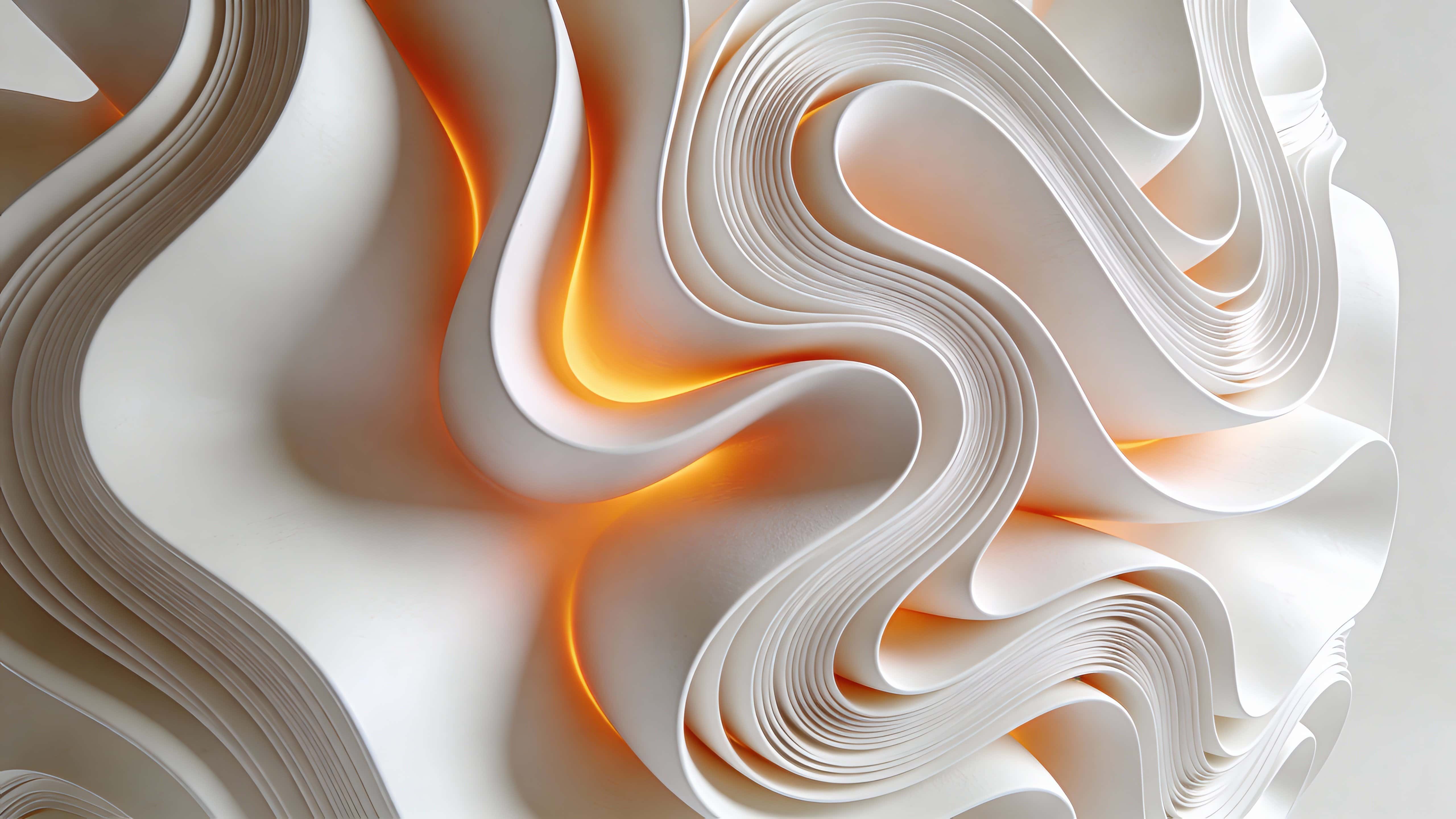 A high-detail 3D render of an abstract sculptural form with flowing layered curves and a smooth matte white surface, warm orange light glowing softly from within the folds against a minimal studio background.