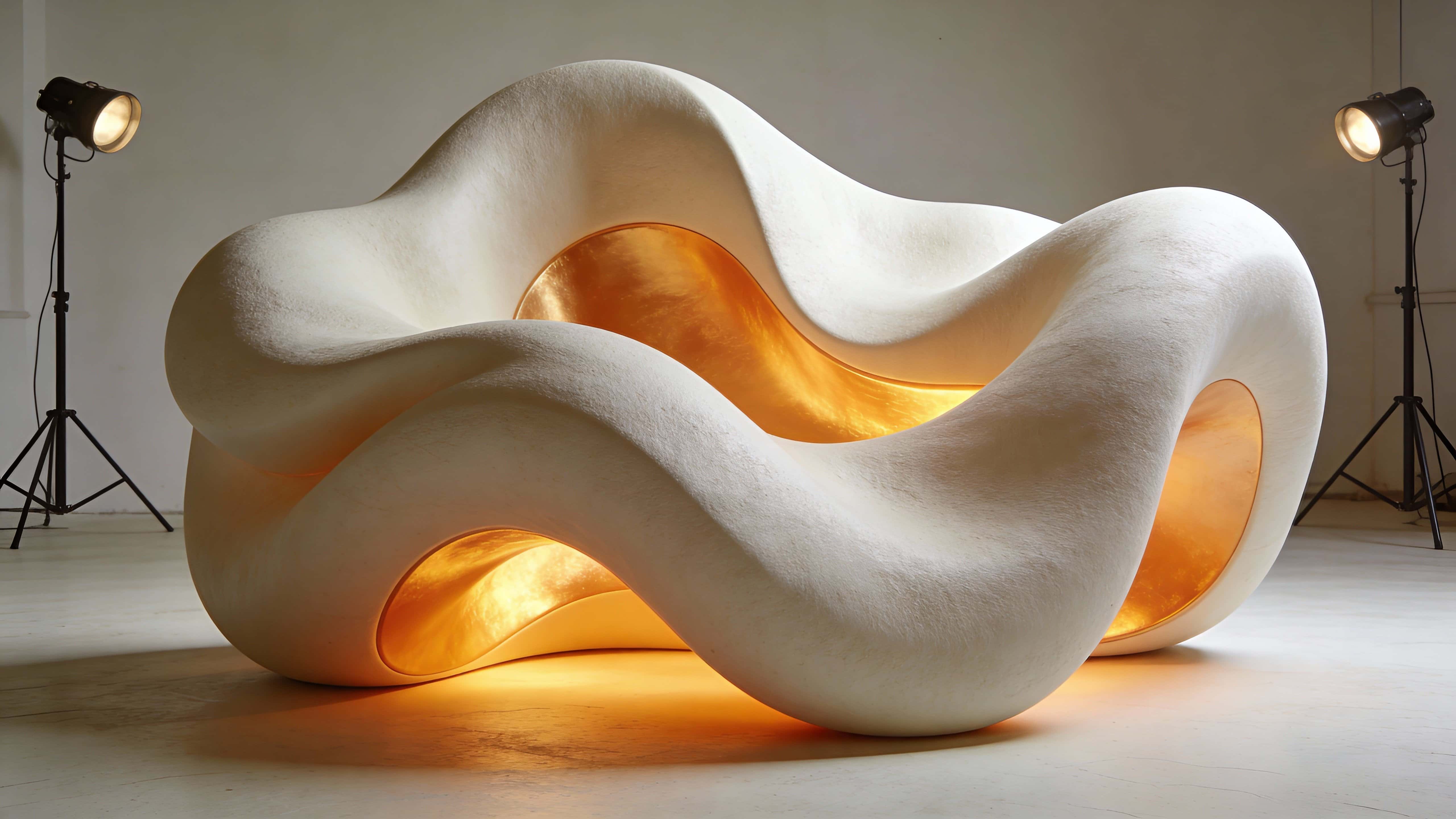 An abstract sculptural object in soft ivory material with smooth, organic folds and a strong warm golden-orange internal glow, presented in a clean minimalist studio environment.