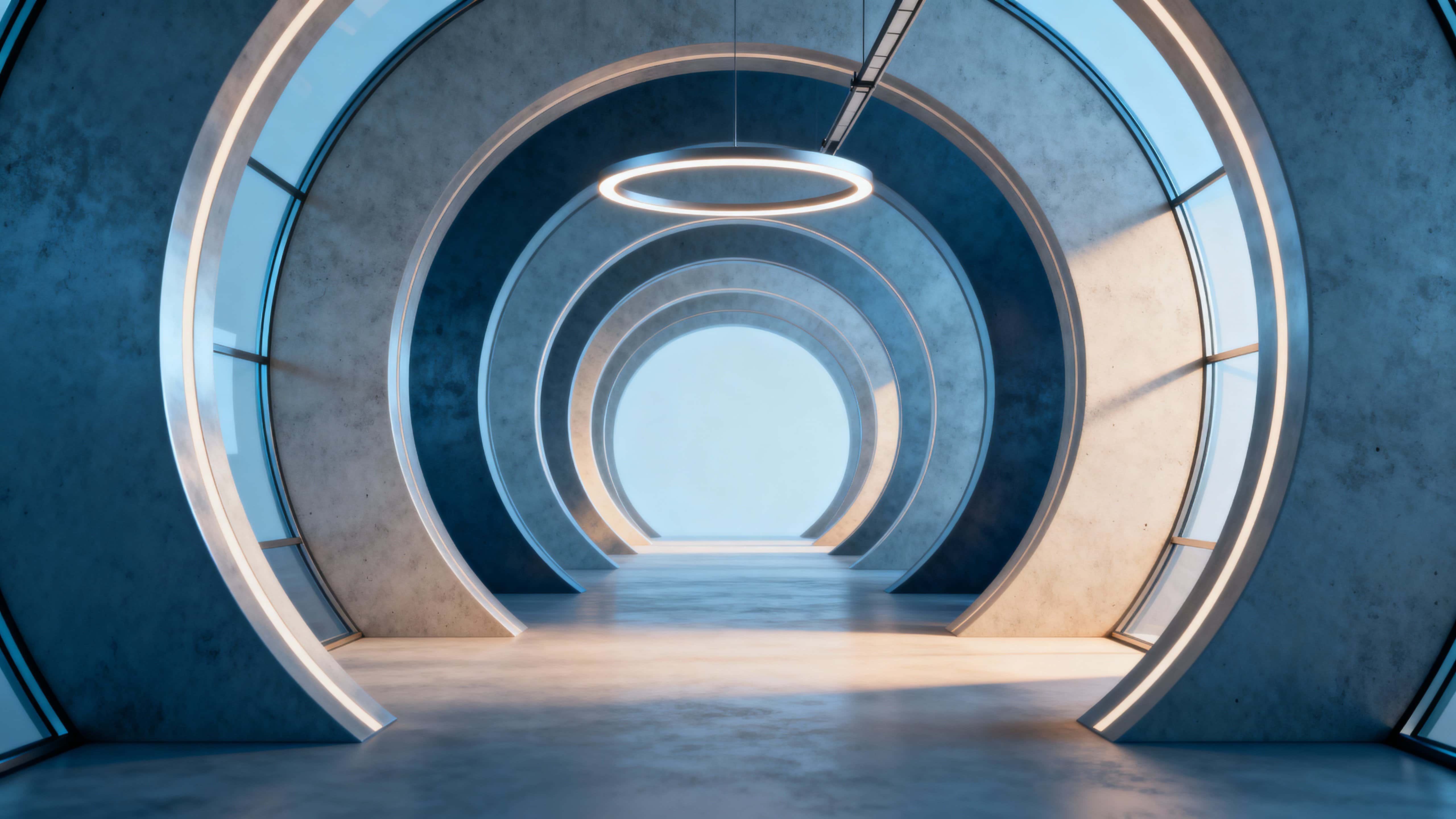 A minimalist 3D abstract tunnel rendered in plain tones with a cinematic 16:9 crop, emphasizing form, depth, and subtle material contrast for visualization purposes.