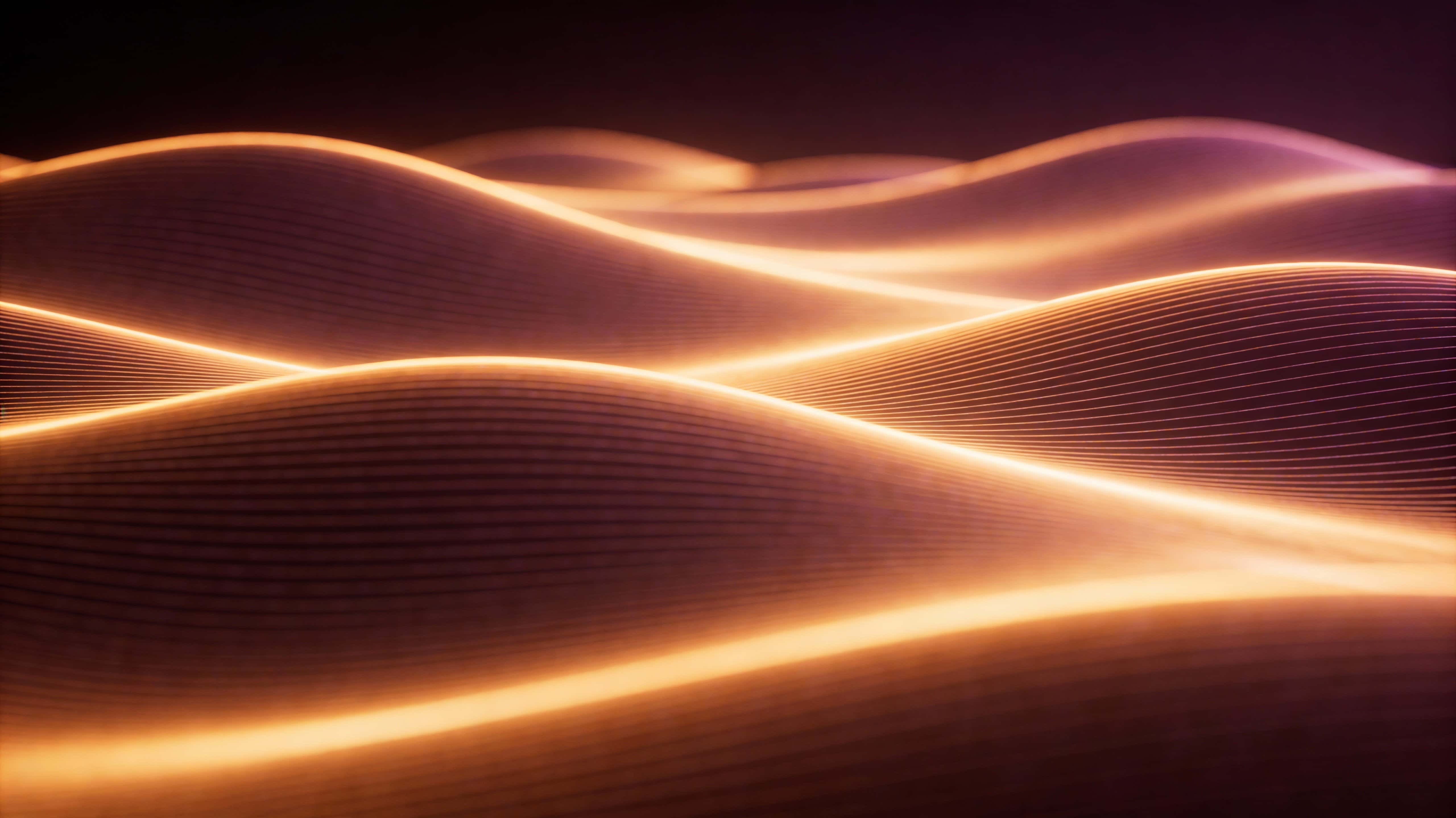 A cinematic abstract wave landscape of fine glowing lines in warm amber and soft gold melding into deep plum shadows across a dark, atmospheric 16:9 hero background.