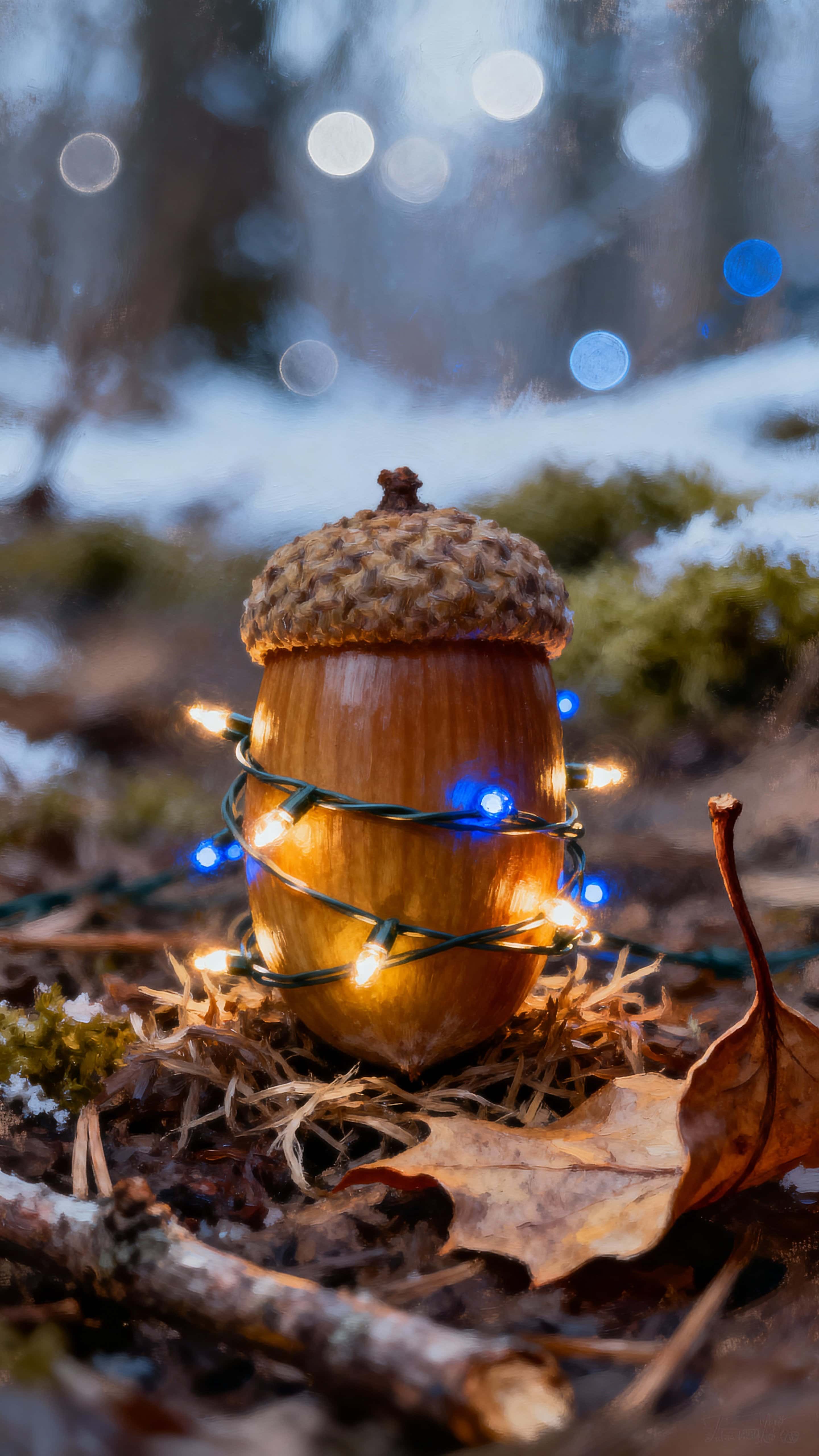A close vertical portrait of an acorn wrapped in tiny Christmas lights, warm gold glints and cool blue accents, shallow depth for intimate seasonal detail framed in a 9:16 crop.
