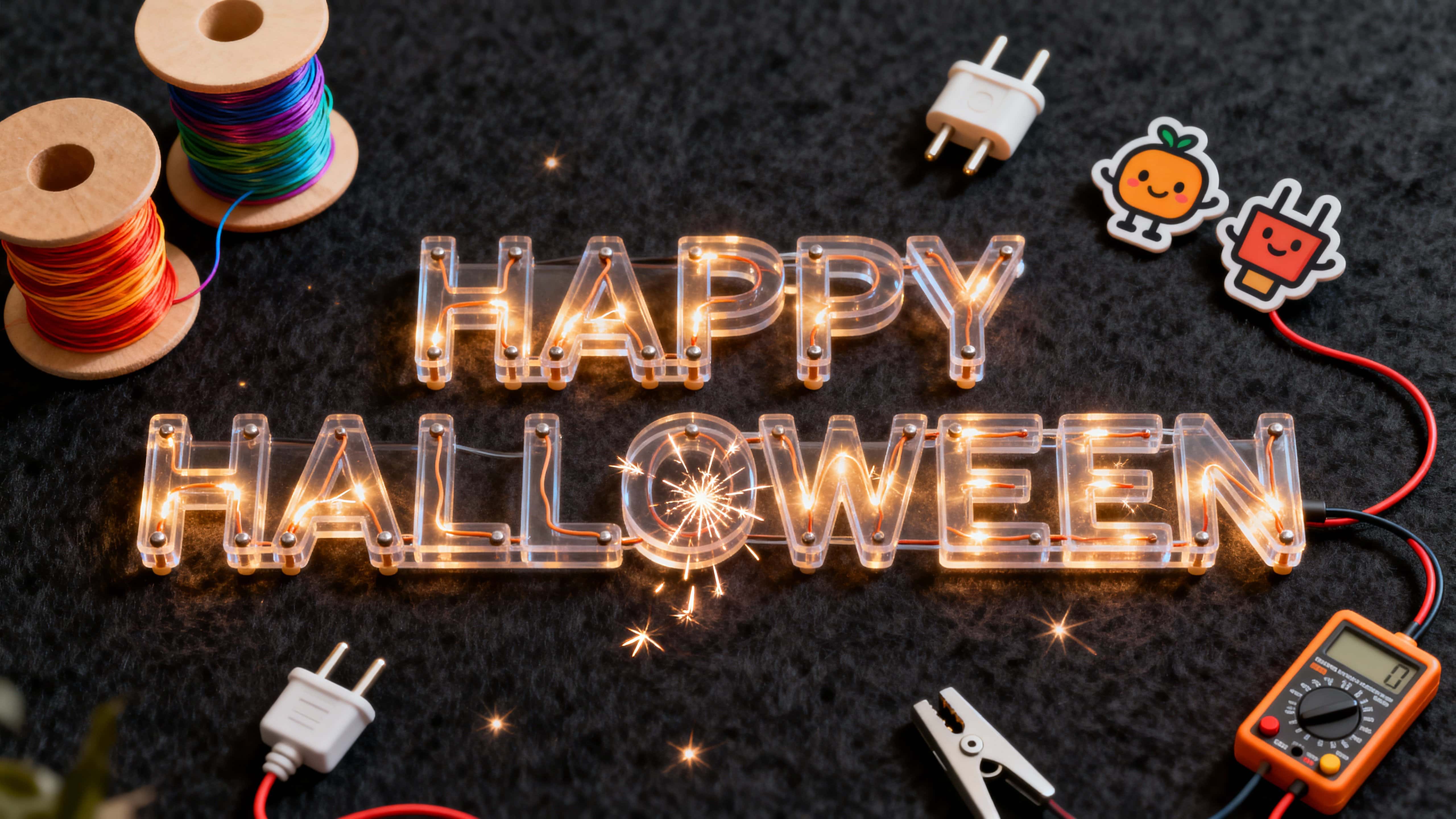 16:9 photo-real full-frame of clear acrylic HAPPY HALLOWEEN letters with warm-amber LED filaments and tiny standoffs, surrounded by cyan and magenta wire spools, plug icons and a mini multimeter on dark felt with controlled bloom and safe,內