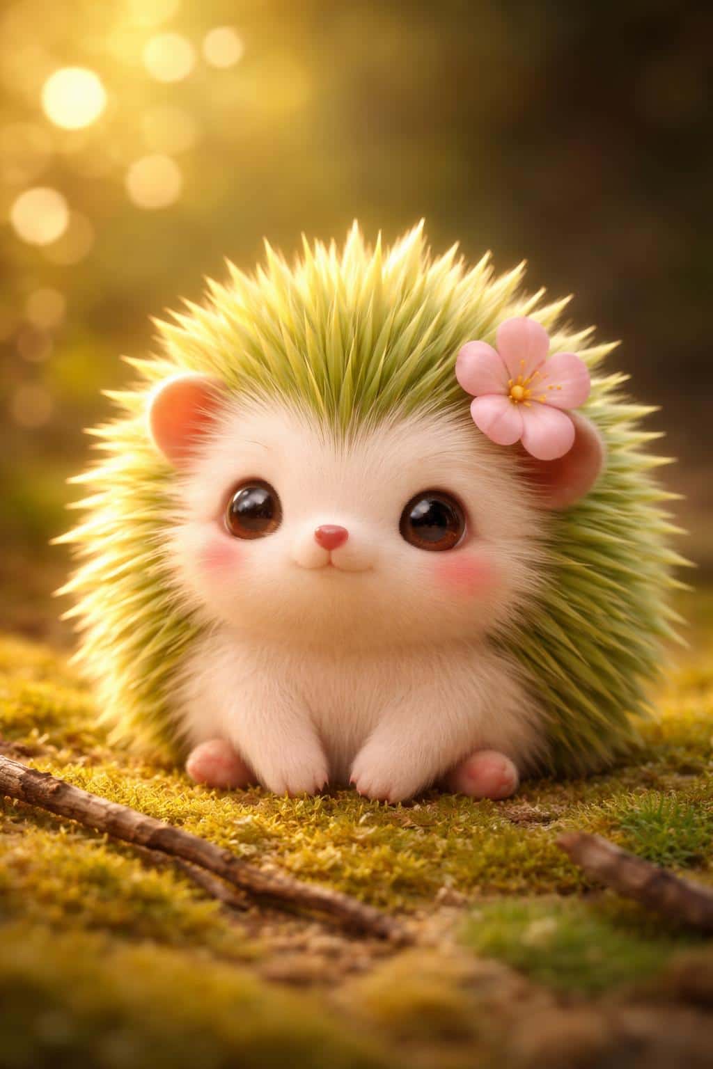 A cute, round-bodied hedgehog character with cream-white body and vibrant green spiky spines adorned with a pink flower, set in a warm, bokeh-filled garden.