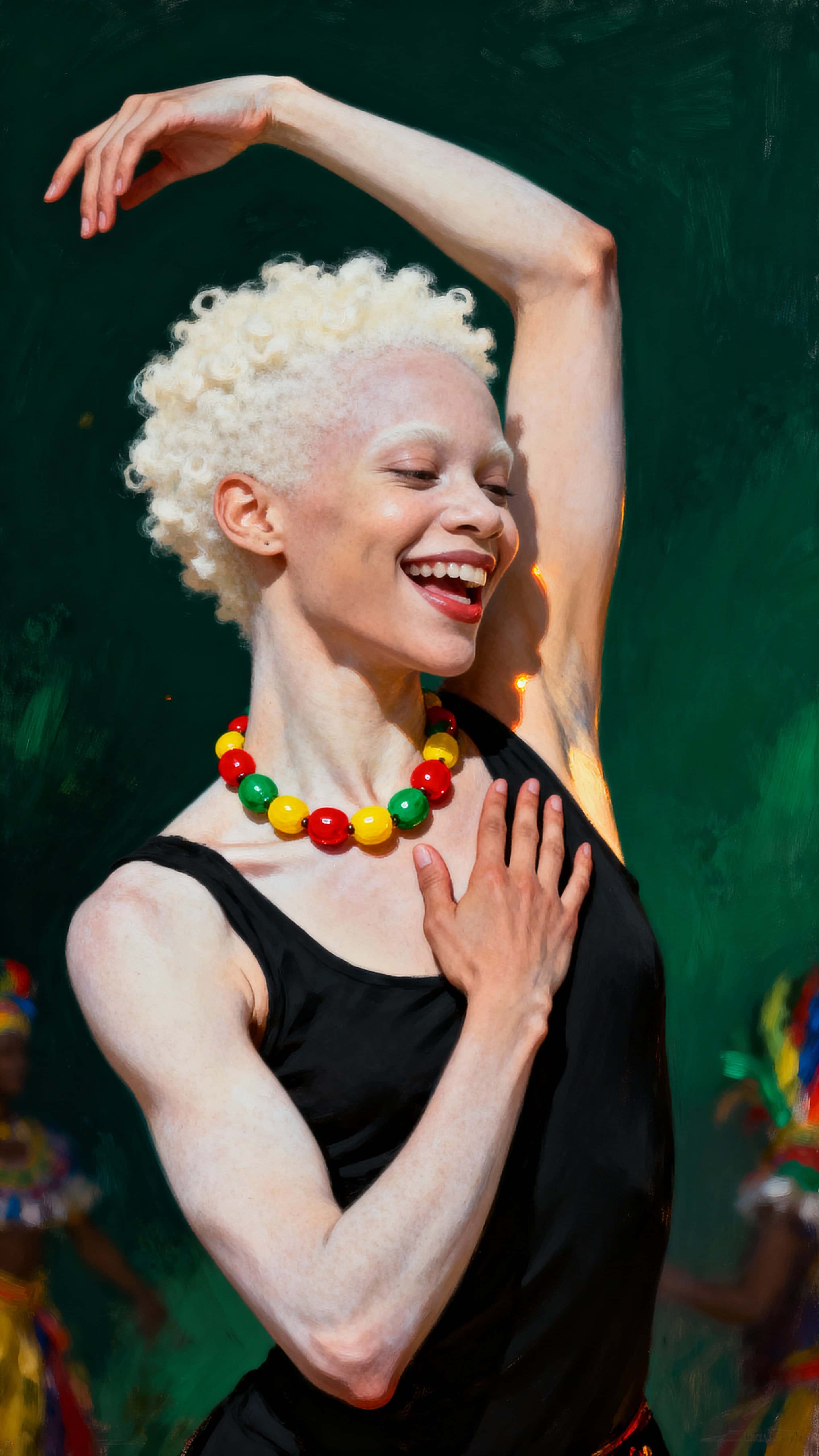 Vibrant editorial half-body portrait of an Afro Brazilian woman with albinism, joyful and dynamic against deep forest green with softened emerald and muted carnival accents.