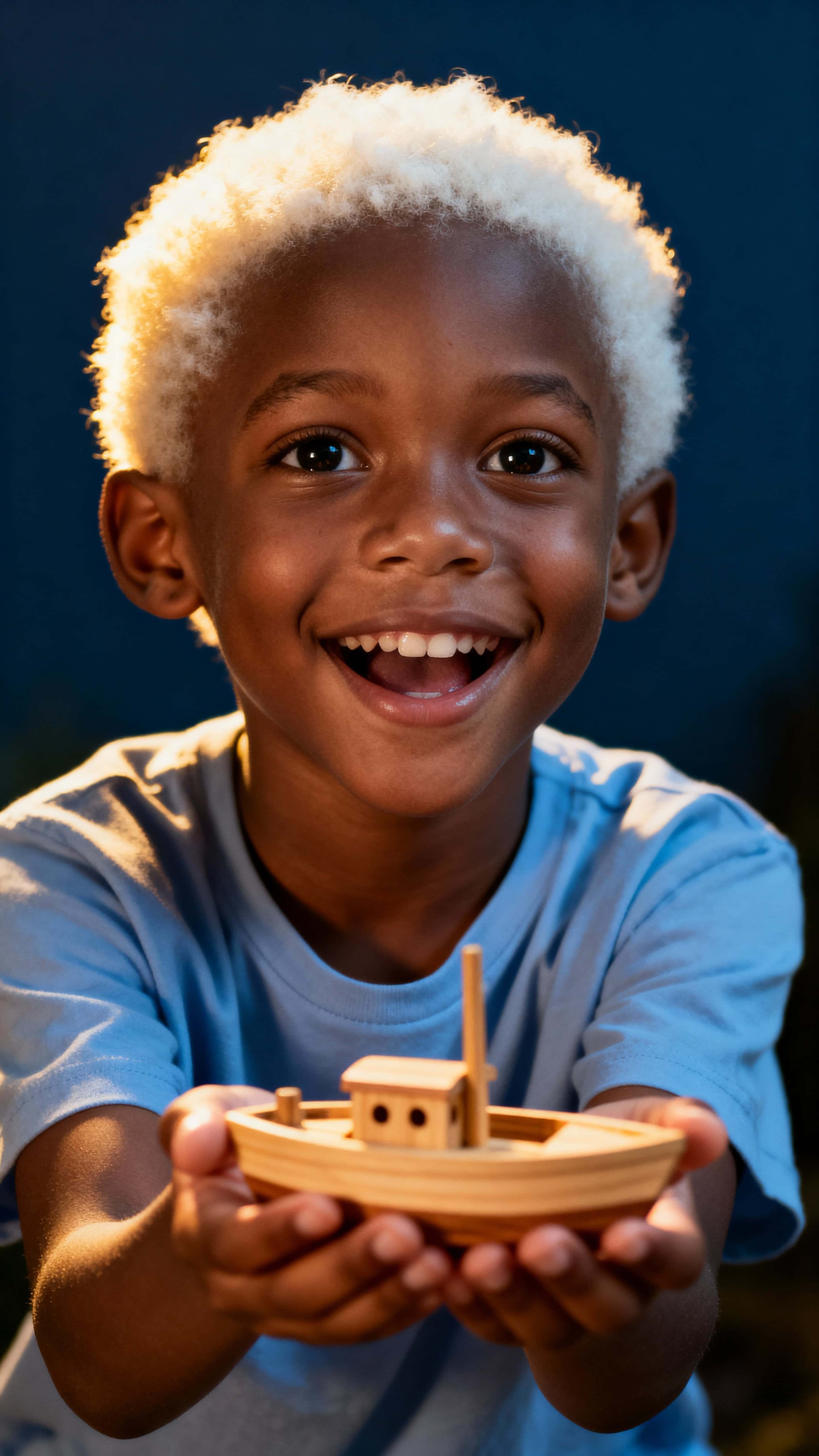 A tender mid-torso portrait of an eight-year-old Afro Caribbean boy with albinism holding a small wooden toy boat against a deep midnight blue backdrop.