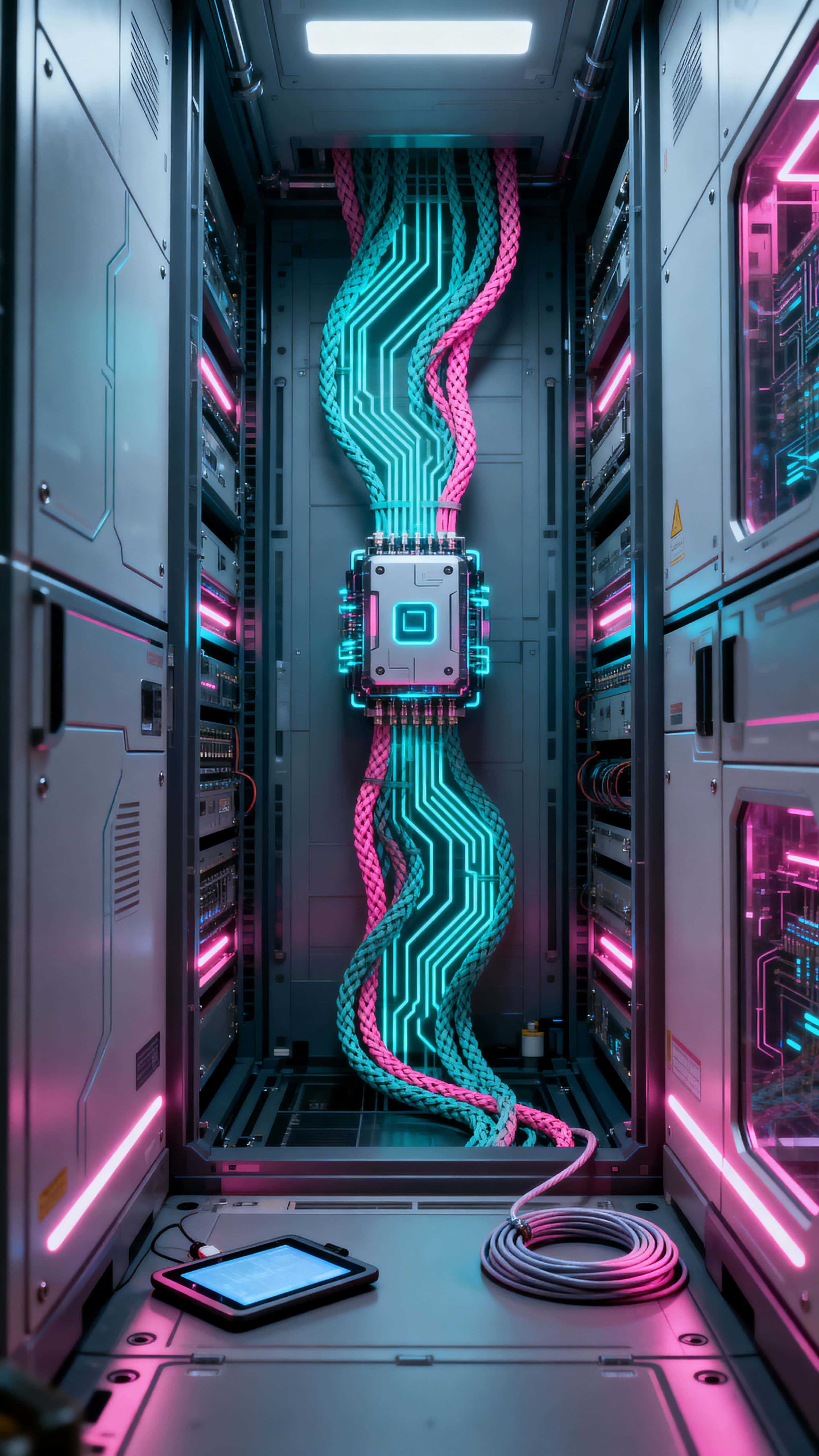 An intimate 9:16 view of an AI core lab with pulsating circuit veins and a luminous central module, framed for vertical presentation with focused, clinical drama.