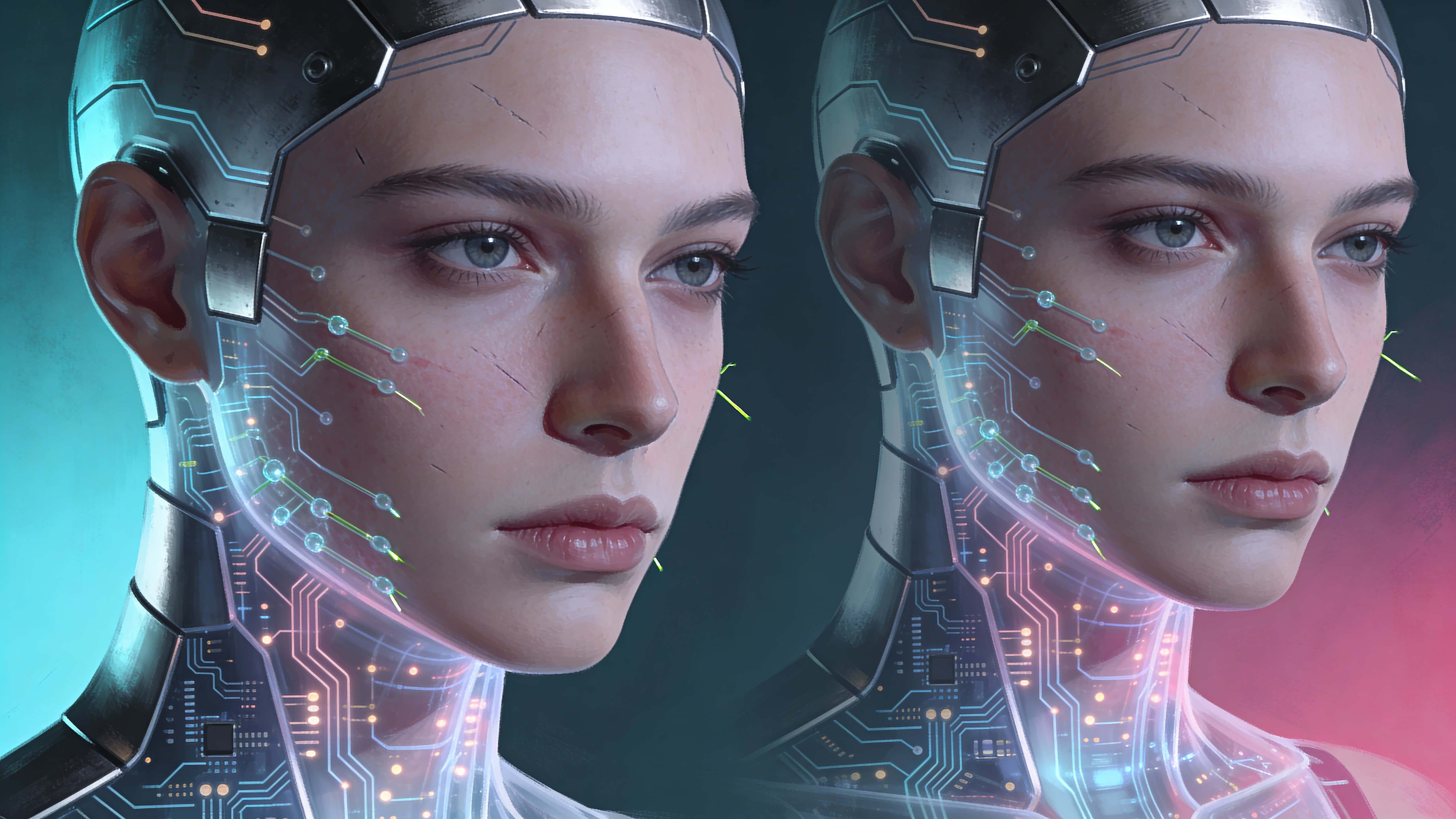 Close-up digital painting of an AI humanoid face entwined with visible circuitry and metallic skin, composed for a 16:9 wallpaper or poster format with cinematic framing.