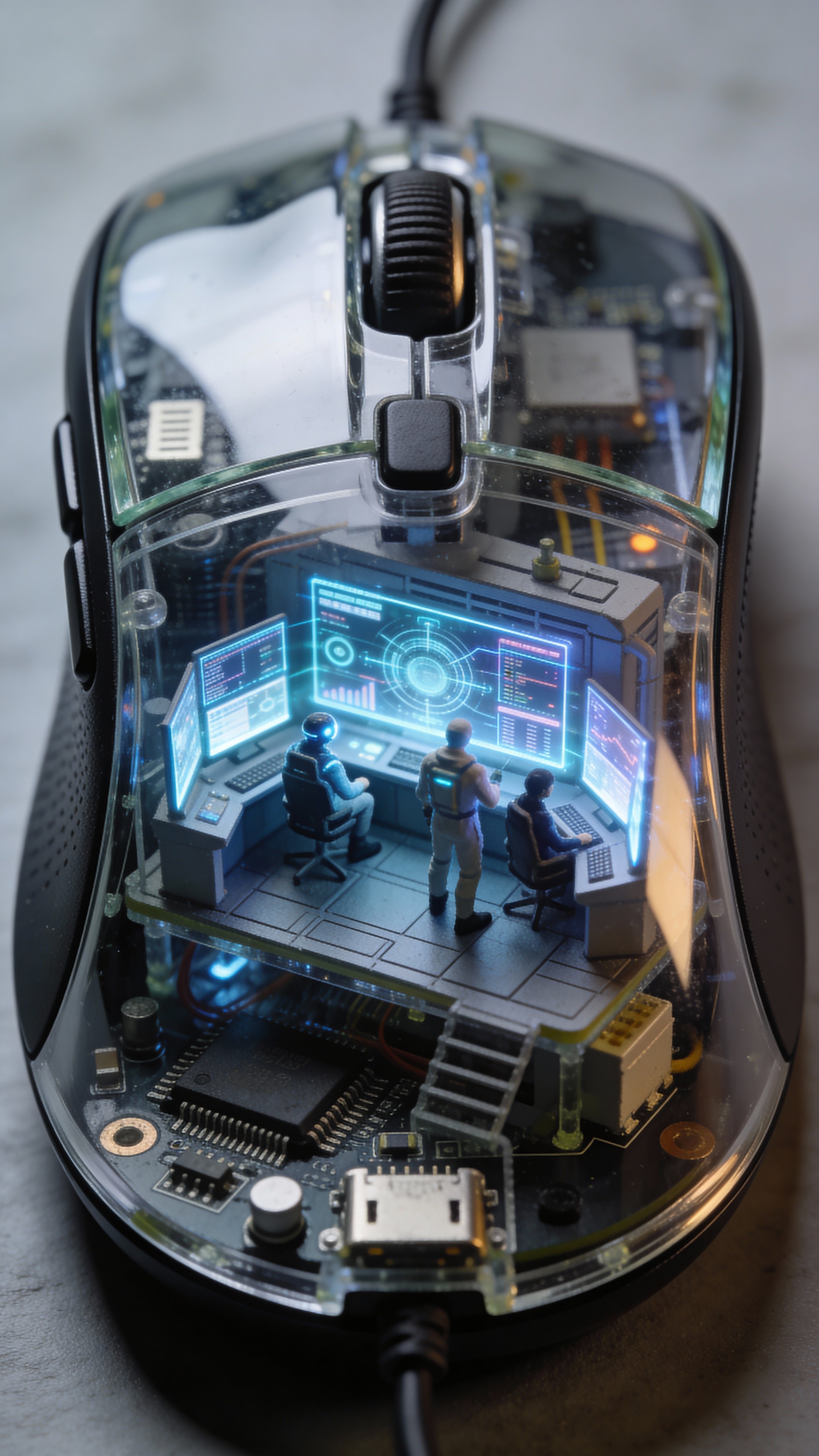 A futuristic AI operations room built inside a translucent computer mouse, miniature humans monitoring glowing data screens beneath a glass shell with dramatic macro lighting.