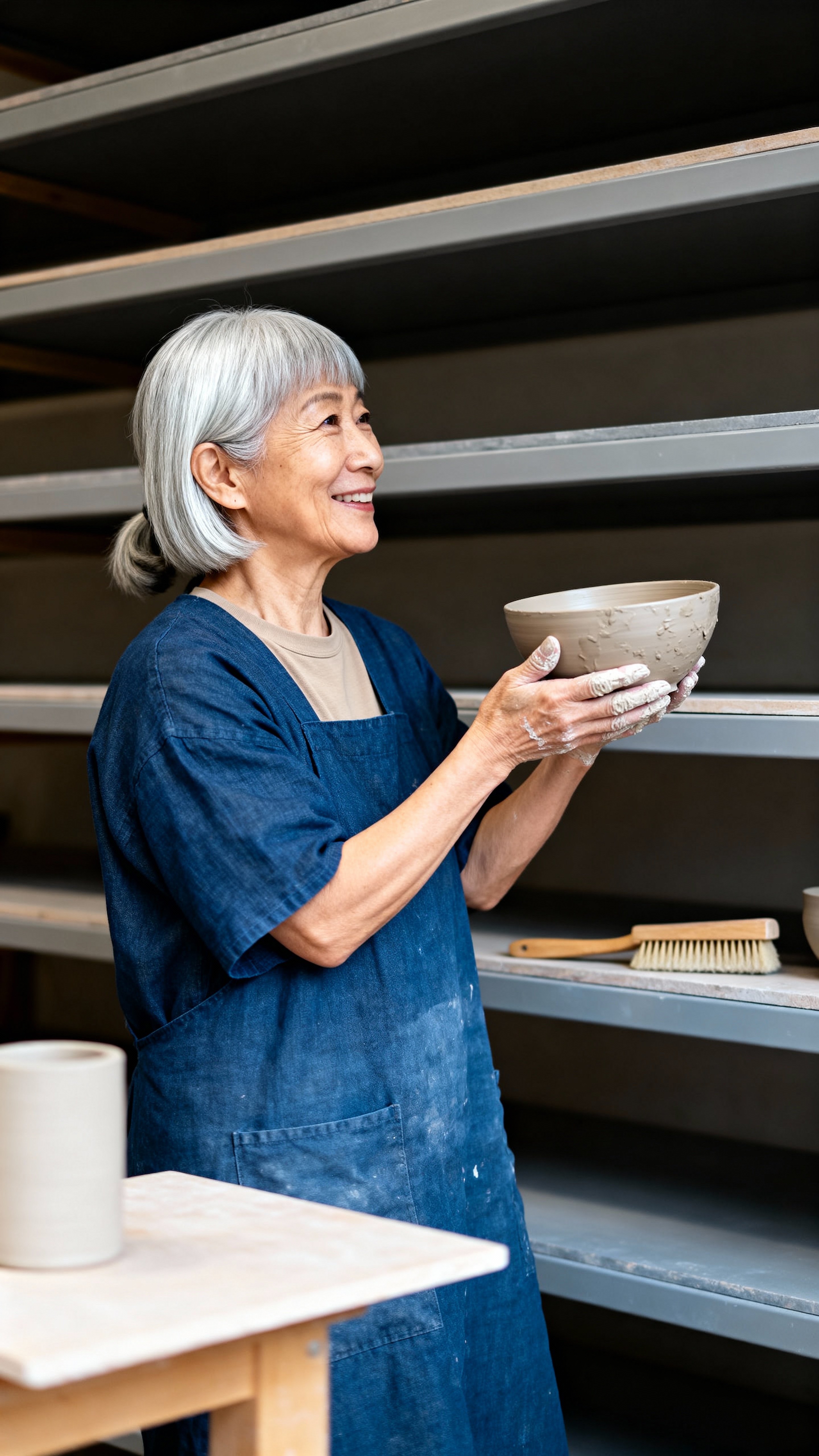 Aiko, a Japanese American ceramicist in Portland, carries a damp clay bowl to a shelf, serene in an indigo smock over an oatmeal tee, hands dusted with slip and a silver bob, against warm-wood shelves and a muted clay-gray rack with a soft‑