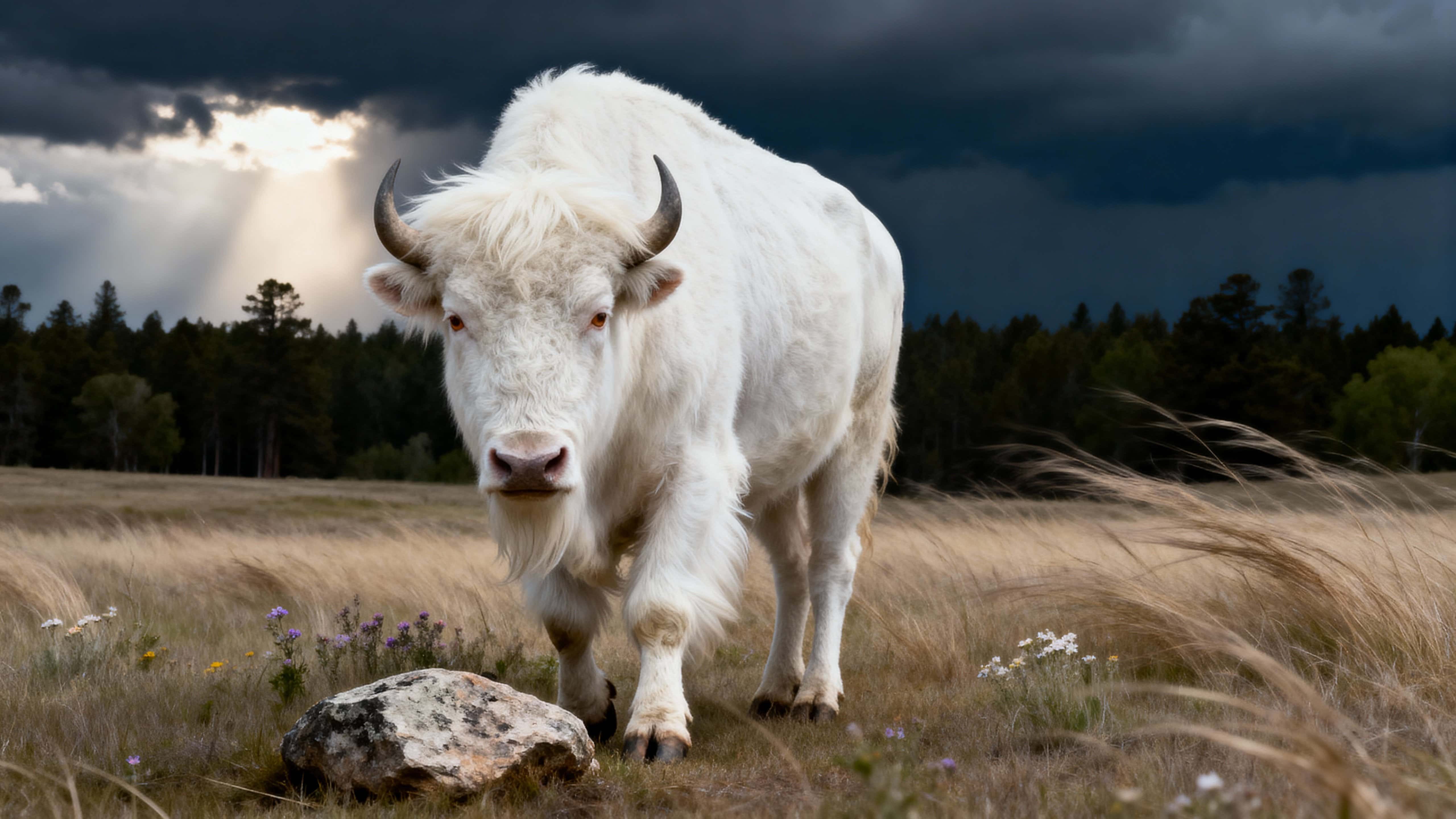 An albino American bison stands alone on a windswept prairie, facing the viewer with lowered head and pale brown eyes against stormy skies and a dark distant tree line.