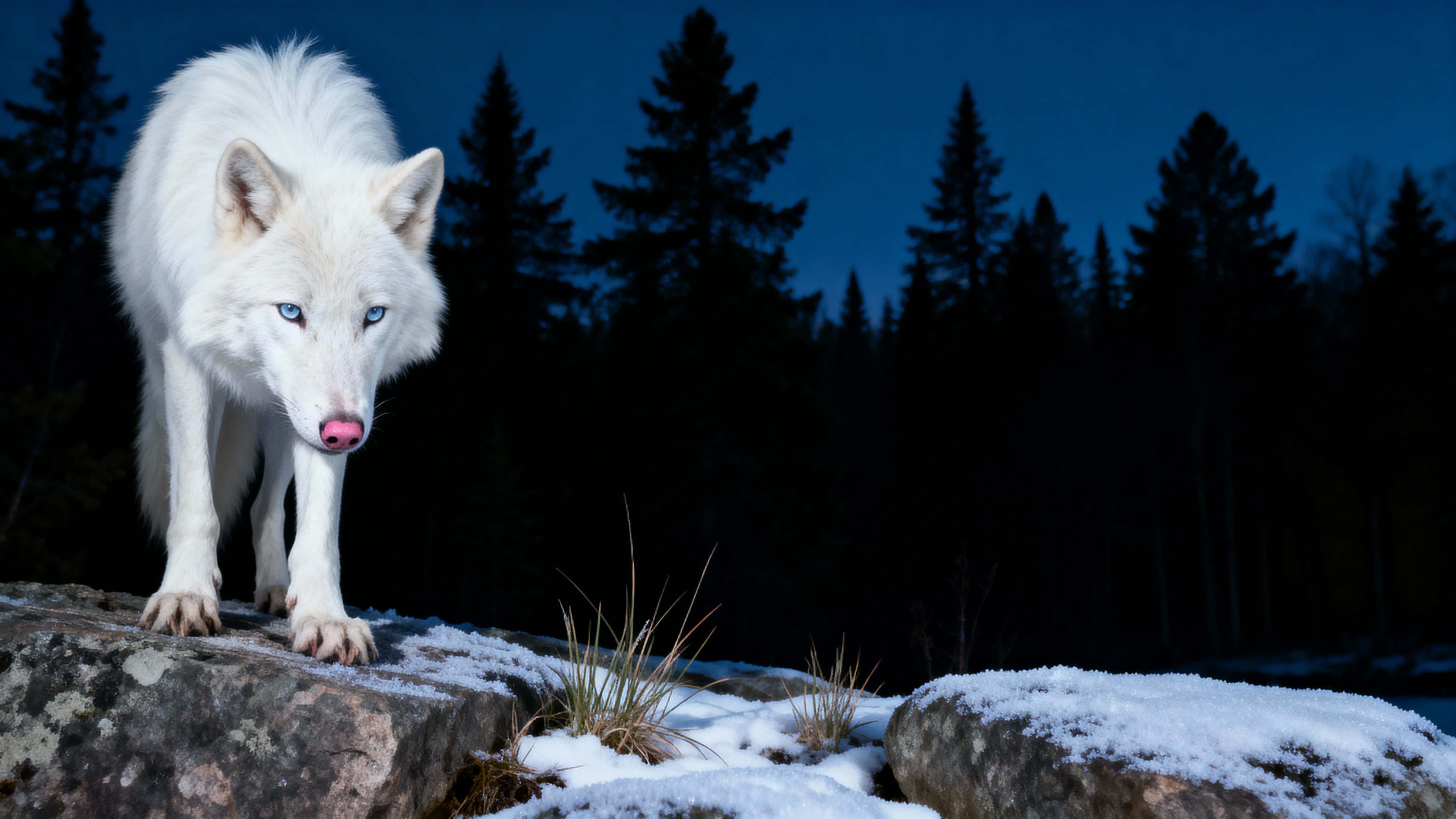 An albino Arctic wolf stands on a rocky outcrop at the edge of a boreal forest in a 16:9 dramatic wildlife portrait, pale icy eyes fixed on the viewer.